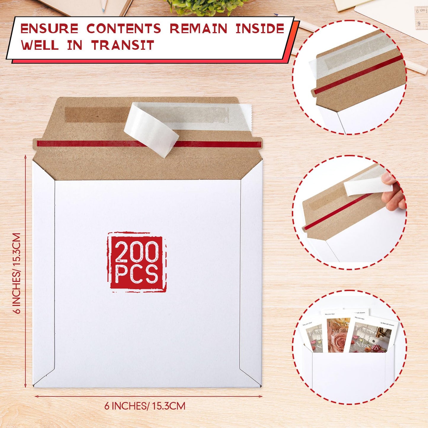 Fainne 200 Pcs 6 x 6'' Rigid Mailers 400 GSM Keep Flat Cardboard Mailers Shipping Cardboard Envelopes Disc DVD CD Envelopes with Self Adhesive Flap and Tear off Strip for Mailing Photo (White)