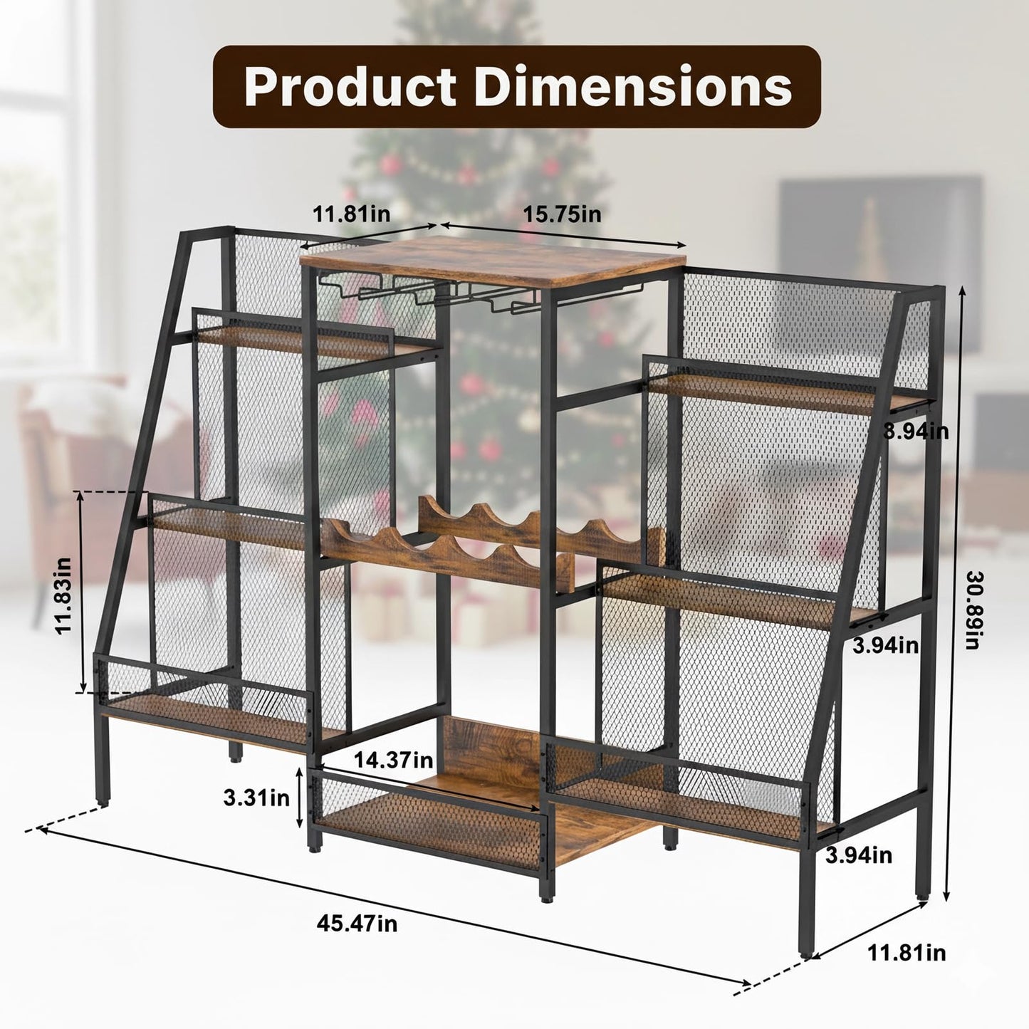 Hayexiha 6-Tier (Safe Height for Kids & Pets) Freestanding Wine Rack with Glass Holders & Fences, Large Bar Cabinet for Home, Liquor Stand for Wine Bottles, Christmas & Holiday Party Wine Shelf