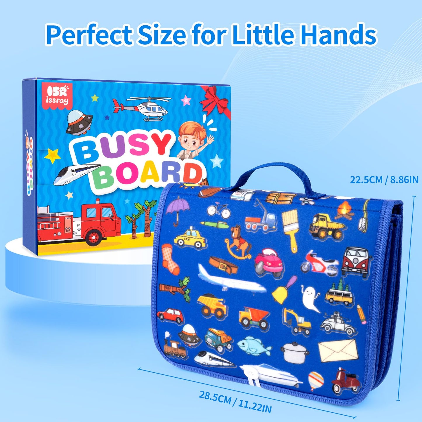 Toddler Busy Board Montessori Toys, 12-Page Busy Book, Quiet Educational Activity Book, Learning Sensory Toys for Motor Skills, Travel Toy for Car Airplane, Birthday Gifts for Boy Girl Kids (Blue)