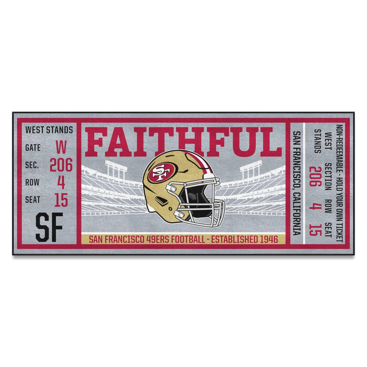 FANMATS 23136 NFL San Francisco 49ers Ticket Design Runner Rug - 30in. x 72in. | Sports Fan Area Rug, Home Decor Rug and Tailgating Mat