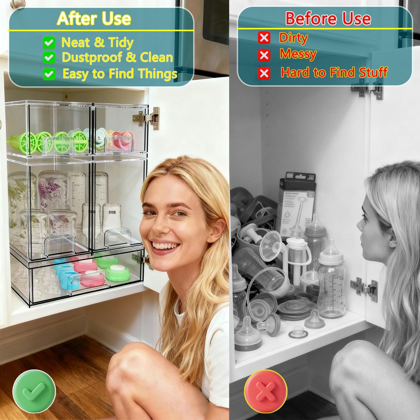 Baby Bottle Organizer for Countertop with Dust Protection, 5Pack Stackable Baby Organizers and Storage for Bottles, Clear Acrylic Container with Drawer for Kitchen, Cabinet, Vanity, Bathroom, Pantry
