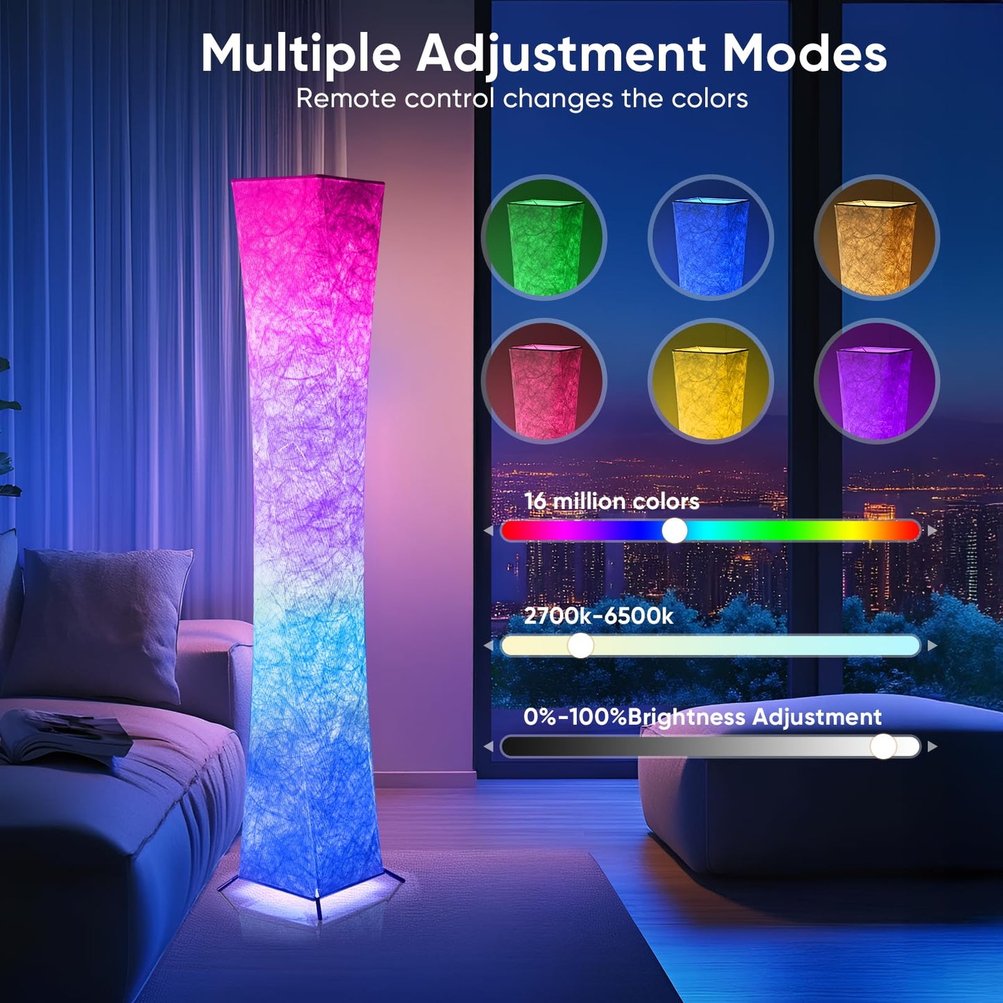 Morden LED Soft Light Floor Lamp, 52" Simple Design Slim RGB 16 Color Changing Tyvek Fabric Shade Dimmable Remote Control Standing Lamp for Living Room Bedroom Game Room
