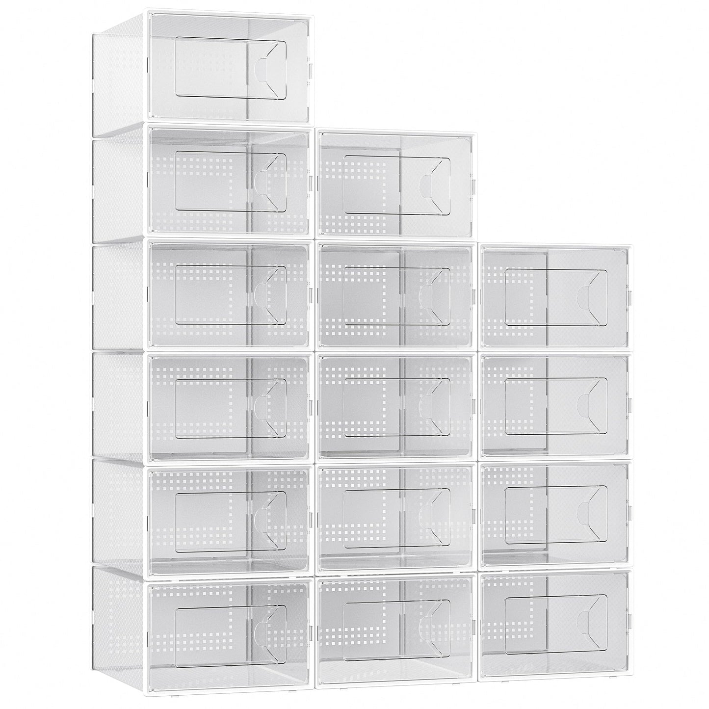 Foluck X-Large Shoe Storage Box, 15 Pack Clear Plastic Stackable Shoe Organizer for Closet, Interlocking Design Shoe Container Bins for Sneakers, Foldable Shoe Rack with Lids, White