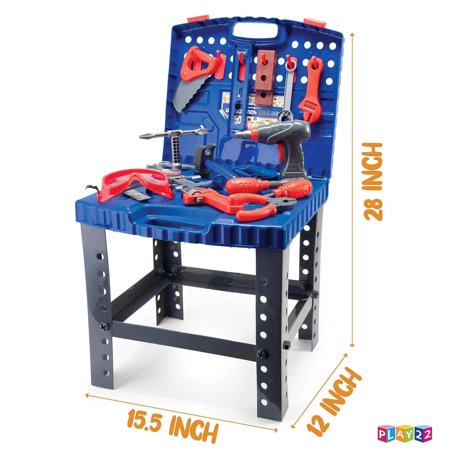 Play22 Kids Tool Workbench 76 Set - Kids Tool Set with Electronic Play Drill - STAM Educational Pretend Play Construction Workshop Tool Bench - Pretend Play Tool Set Build Your Own Kids Tool Box