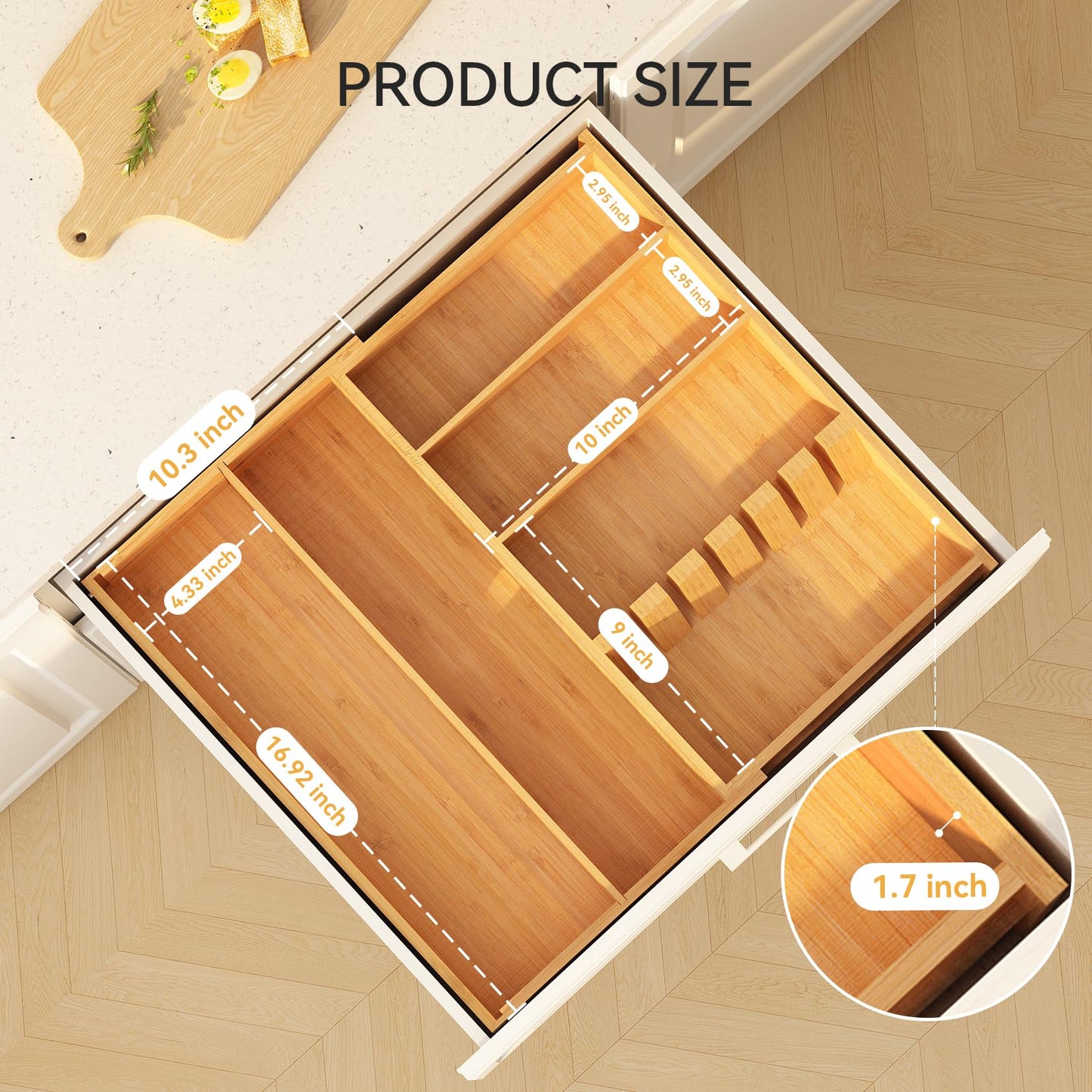Yofidra Pure Bamboo Silverware Drawer Organizer: 16.9x18.9 Expandable Large Silverware Utensil Tray Holder, 5-Compartment with 6 Card Slots Flatware Organizer Kitchen Organizers and Storage