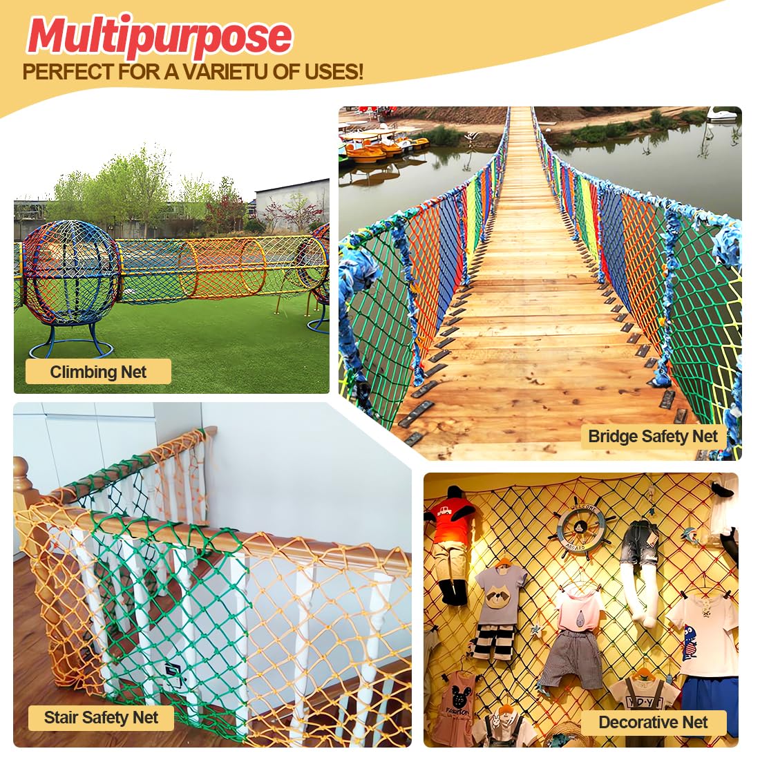 LAKNUAL Climbing Net, 3.3ft X 6.6ft Polyester Climbing Cargo Net for Kids Outdoor, Heavy Duty Large Military Playground Equipment, Rope Ladder, Swingset, Indoor & Outdoor, Treehouse, Jungle Gyms