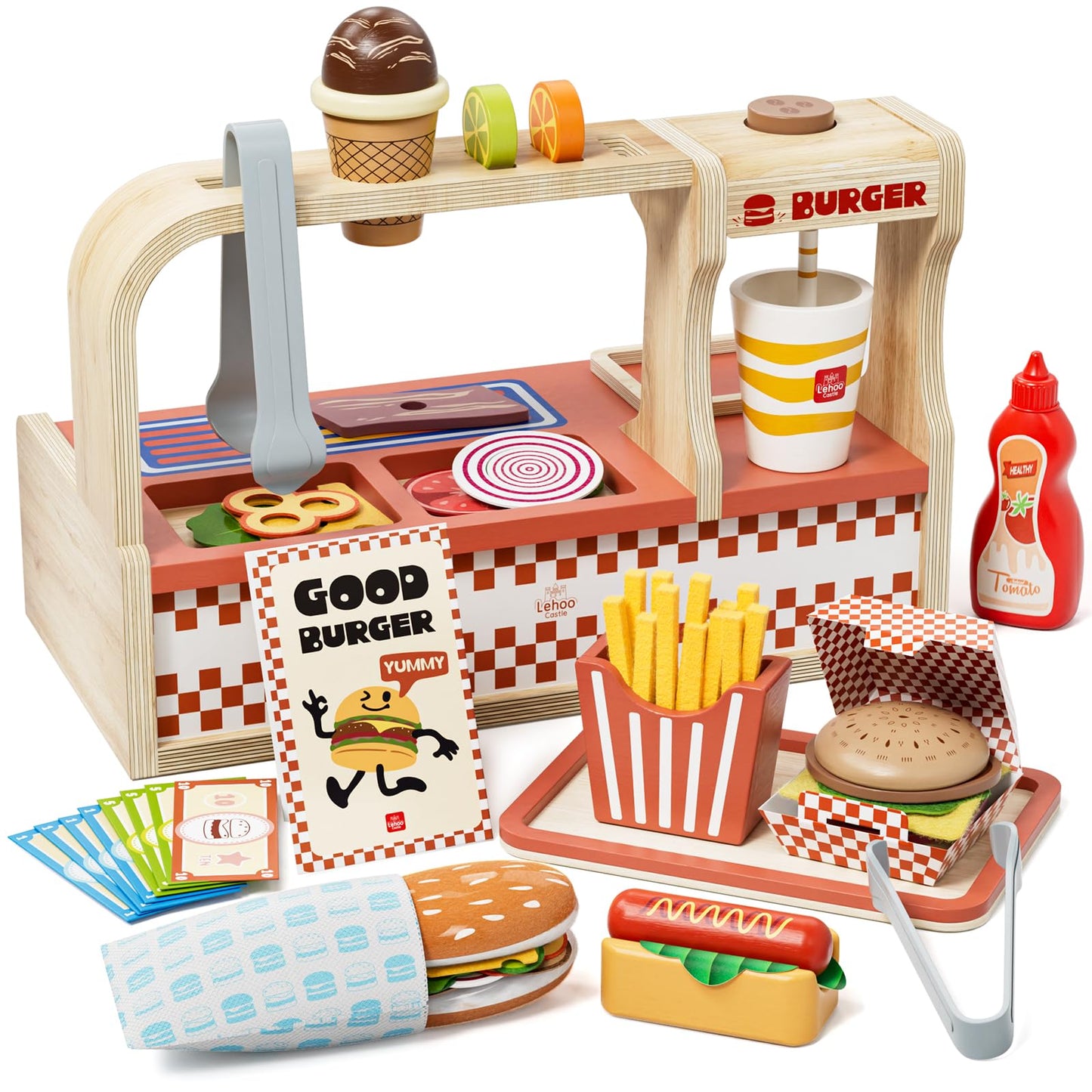 Lehoo Castle Wooden Play Food Sets for Kids Kitchen, Pretend Play Hamburger Counter Shop, Play Kitchen Accessories 3+, Montessori Toys for Toddlers 3-5 Year Old Boys Girls