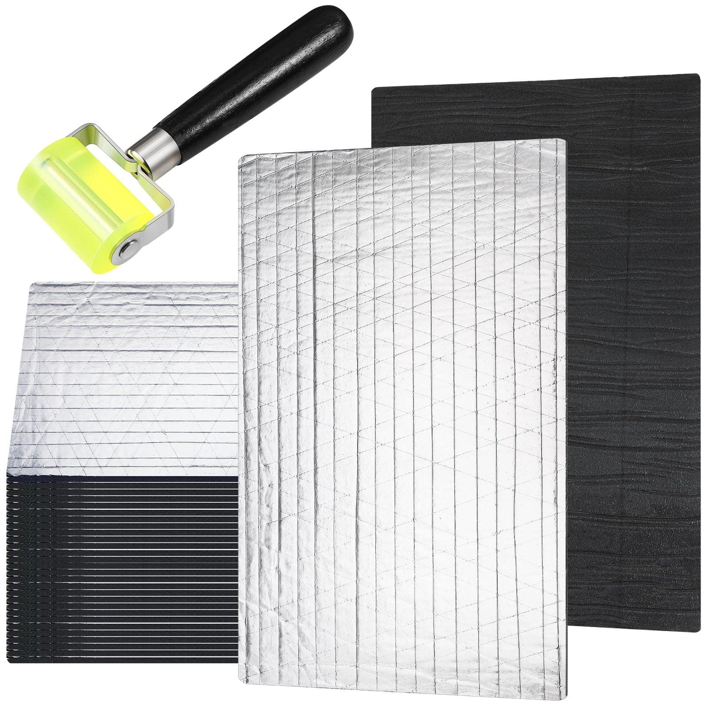 Tallew 61 Pcs 64.6 Sqft 196 Mil Car Sound Deadening Mat Sound Deadener Automotive Audio Noise Insulation Dampening Insulation Mat with Rubber Roller for Hood Ceiling Door 15.7X 9.8 in Each Sheet