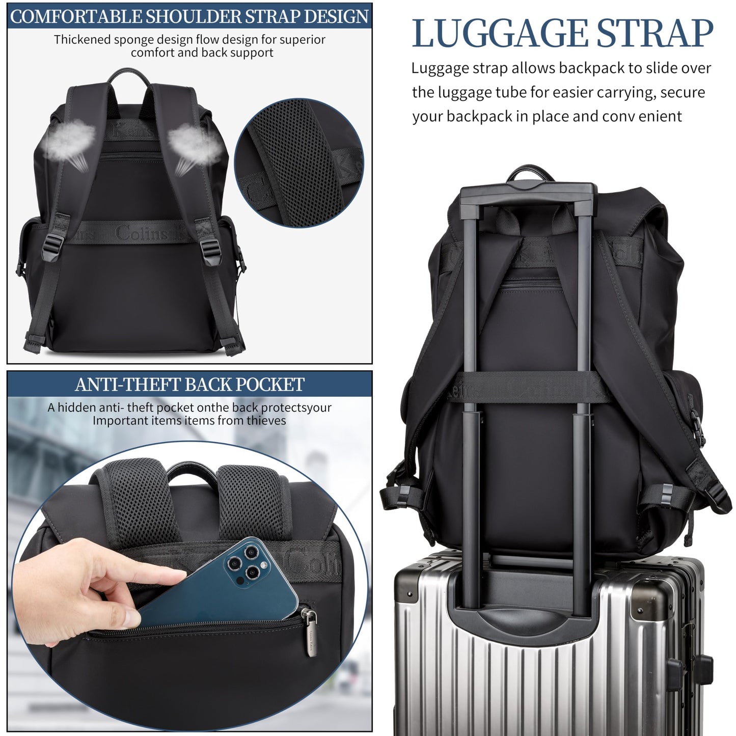 Colins Keirs Black backpack men, 16 inch laptop backpack for men, Drawstring anti-theft waterproof tech backpack with laptop compartment, Large 30 L