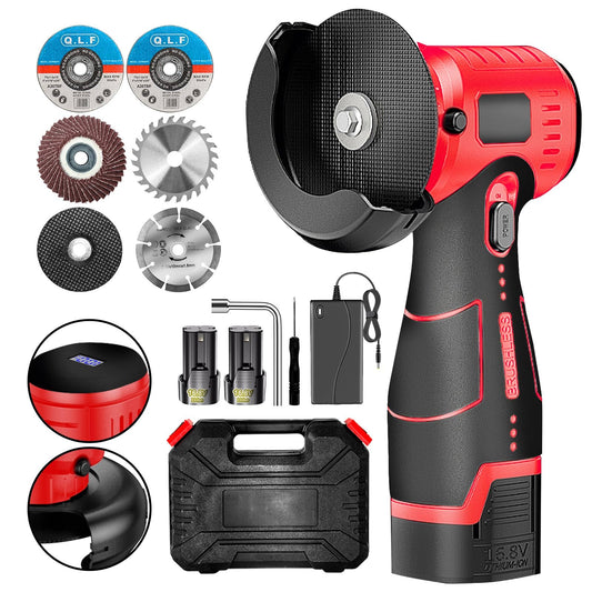 ZFULVO Brushless Cordless Angle Grinder Kit, 19500rpm Mini Electric Angle Grinding Tool with 2x16.8V 2000mAh Battery and 6-Cutting Discs, Grinder Handheld Cutter for Metal Wood