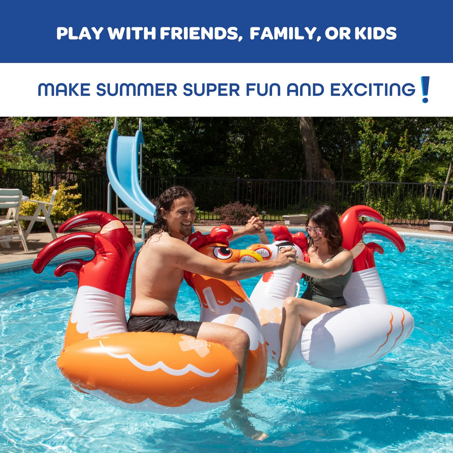 Chicken Fight Inflatable Pool Float Game Set - Includes 2 Giant Battle Ride-Ons - Flip Your Friends to Win! - Perfect for Outdoor Swimming Party Activity or Fun w/Kids, Family, Adults