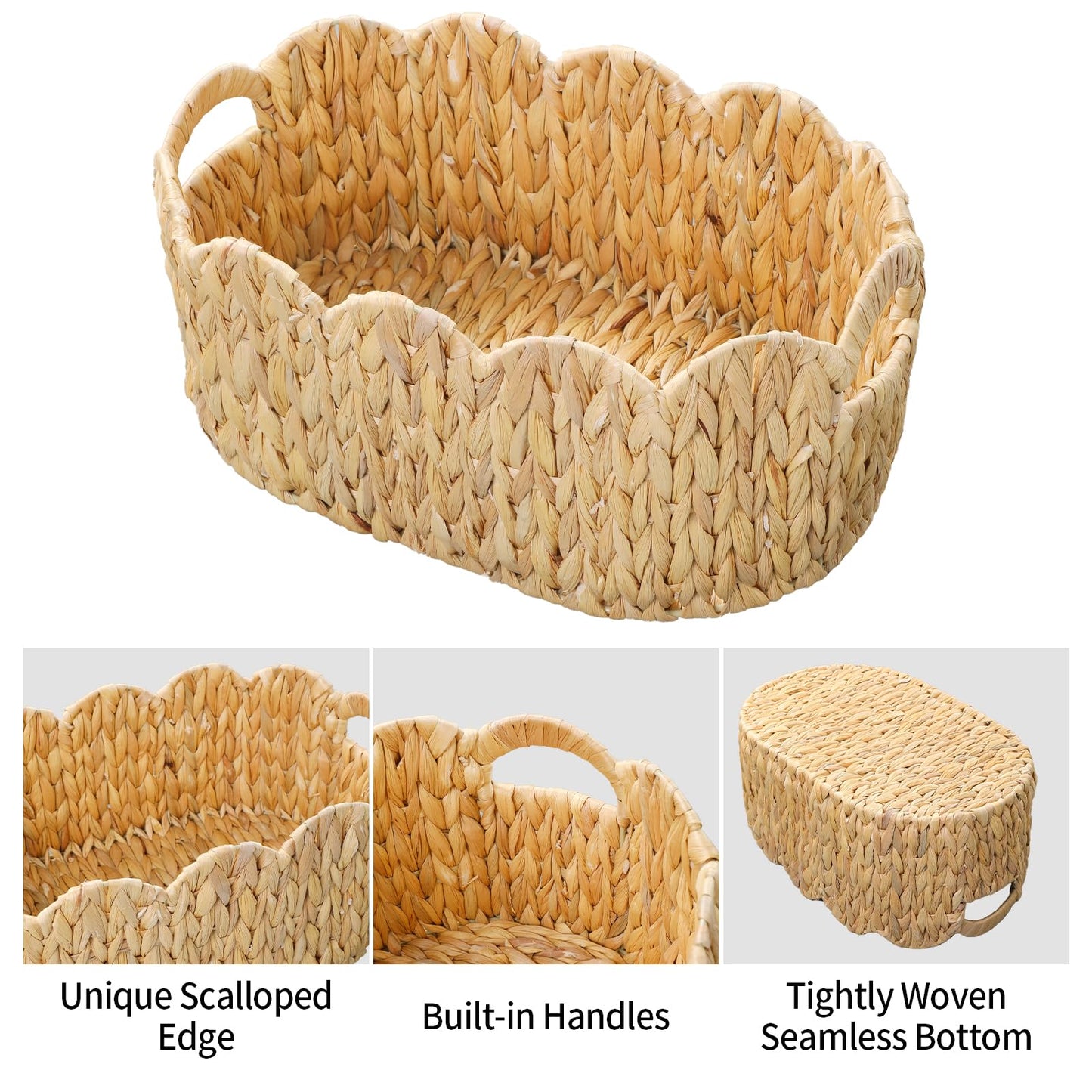 Coeusy Scalloped Basket,Water Hyacinth Basket for Organizing and Decor,Hand-Woven Rattan Baskets with Built-In Handles for Living Room,Bedroom,Laundry,2 Pack