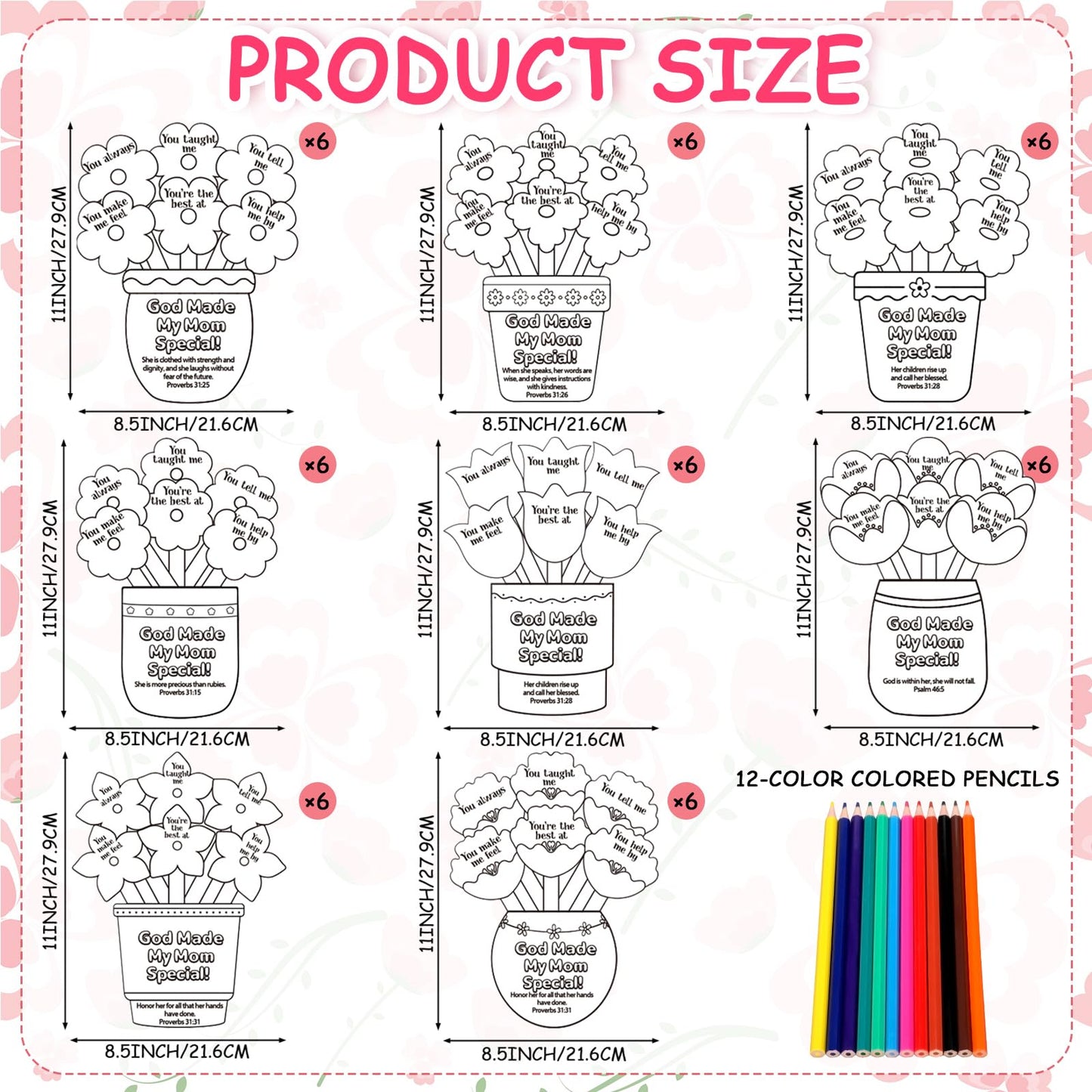 Dunzoom 48 Pcs Mother's Day Christian Crafts Color Your Own Sunday School Crafts with 12 Colored Pencils God Made My Mom Special Flower Pot Arts DIY Bible Religious Gifts Church Classroom Activities