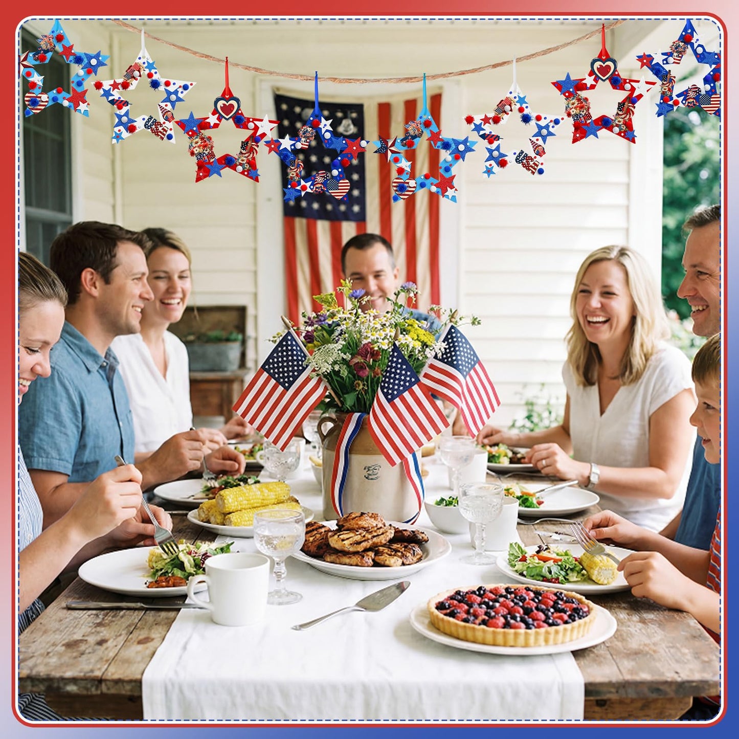 SmoothNovelty 437 Pcs 4th of July Wreath Craft Kit Patriotic DIY Craft Kit Memorial Day Wreath Hanging Ornament with Star Felt Sticker for Red White and Blue 250th Anniversary Party Activities Decor