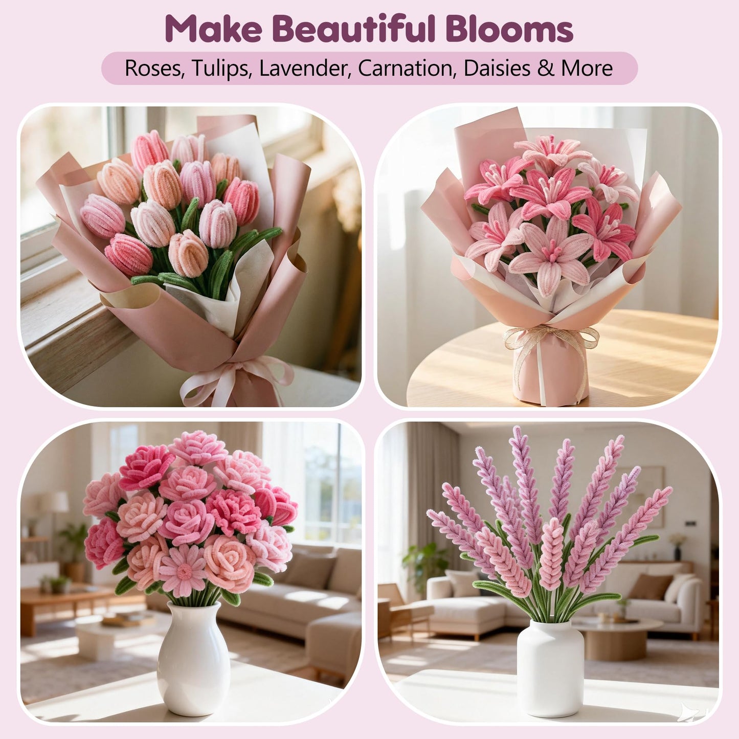 EARLY MINDS 800Pcs Pipe Cleaner Flower Bouquet Kit, 8 Colors Romantic Pink Chenille Stems Craft Set with Floral Tape, Flower Stems, Gift Wrap & More, DIY Bouquet Gift for Adults