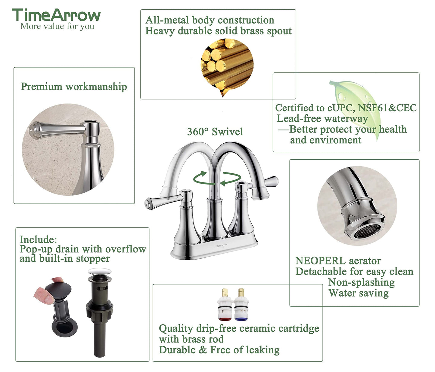 TimeArrow Chrome 4 Inch Two Handle Centerset Bathroom Sink Faucet 3 Holes with Pop up Drain, High Arc Modern Bathroom Vanity Lavatory Faucet with Brass 360° Swivel Spout, TAF067Y-CP