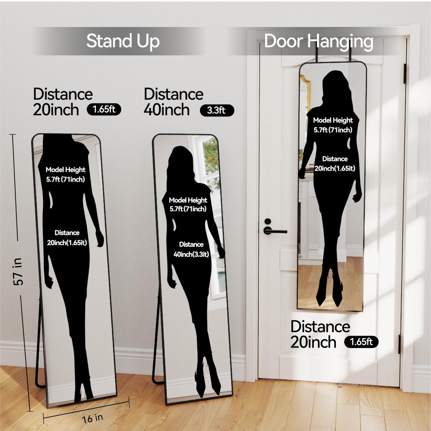 SCWF-GZ Rectangle 57x16 Mirror Full Length Wall Mounted Hanging or Against Wall Metal Frame Dressing Make-up Mirrors for Entryway Bedroom Bathroom Living Room 57 16 inch Black