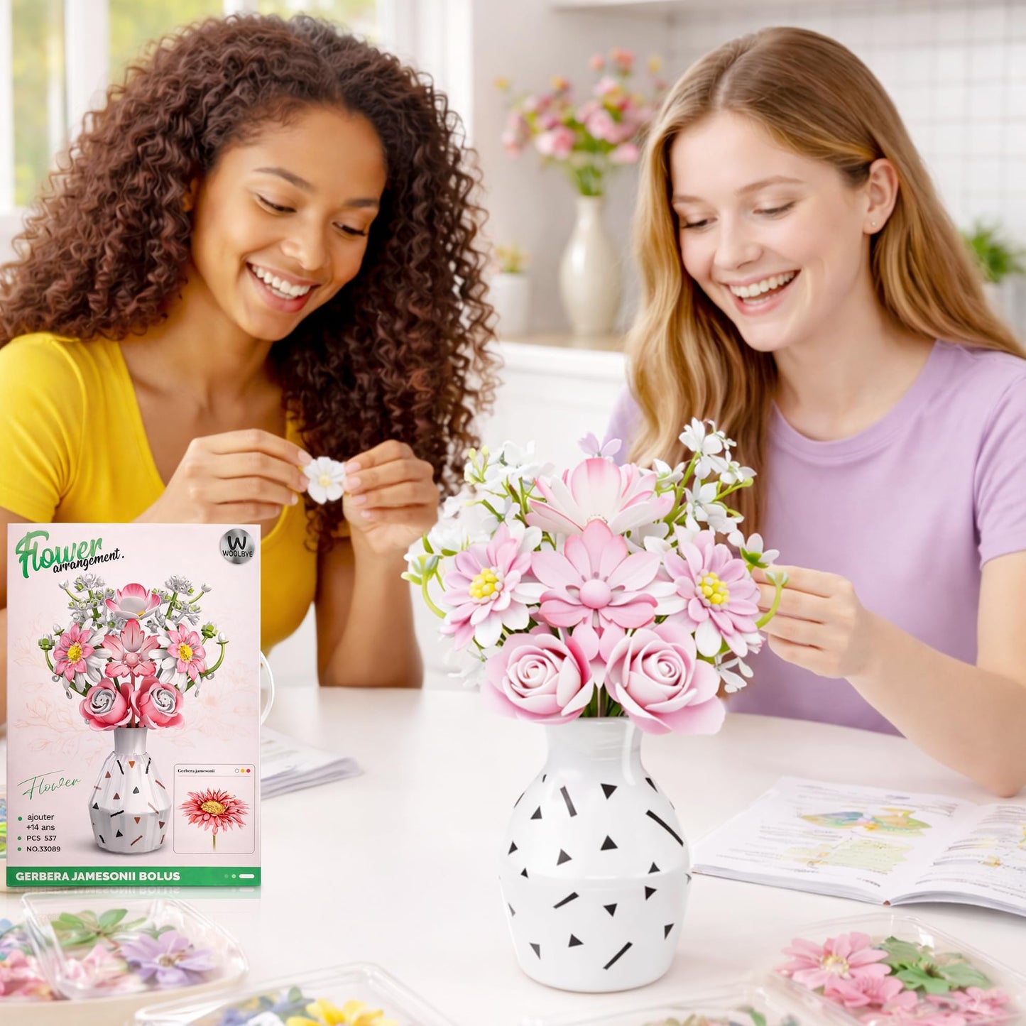 Woolbye Flower Building Set, Flower Gerbera Jamesonii Bolus Bouquet botanicals Collection Unique Home Décor or Office Décor Great Gift for Her and Him (VASE Included)