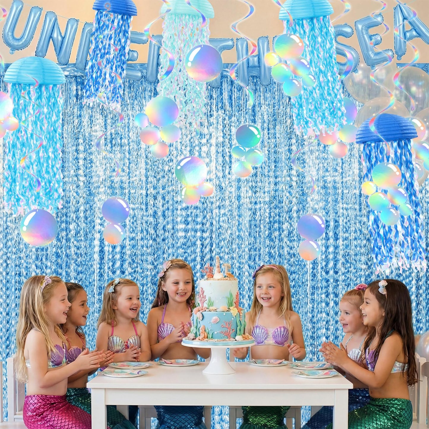 Soulchen 20 Pcs Hanging Jellyfish Paper Lanterns with Tassel Curtains Swirl Bubble Streamers Under The Sea Ocean Themed Mermaid Party Decorations for Birthday Baby Shower Beach Ceiling(Blue)