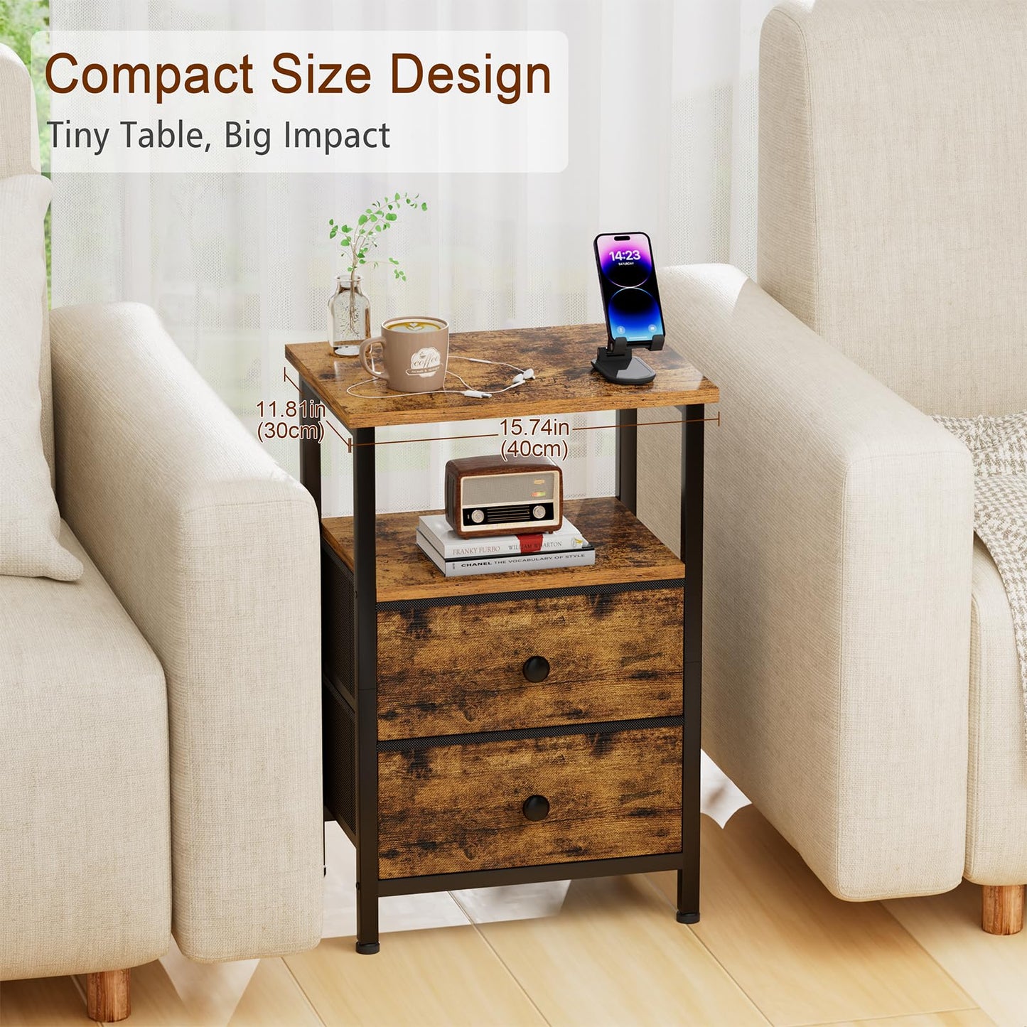 LOAKEKEL Nightstands Set of 2, Night Stand with 2 Fabric Drawers, Bed Side Table with Open Storage Shelf for Bedroom, Small End Tables Living Room, Rustic Brown, HETS002BR