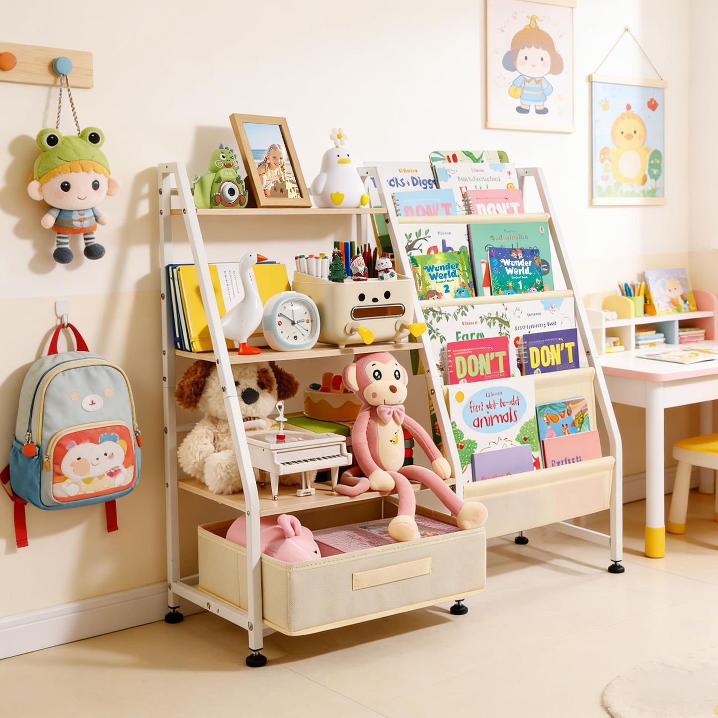 Vsonker Kids Bookshelf and Toy Storage-Book Shelf for Kids Rooms，Toddler Bookshelf Baby Bookcase with 4 Sling Shelves & Fabric Toy Chest Toy Organizer for Playrooms, Bedrooms, Nursery