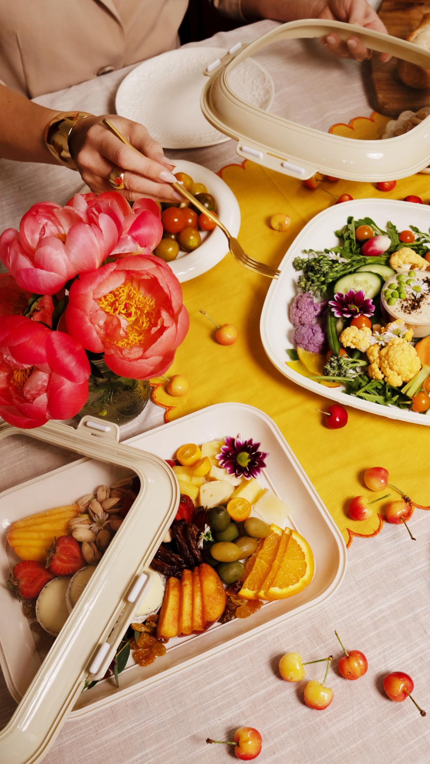 Crudités | Portable Snack Tray | Rectangle 2-Pack | Cream White | Reversible Stretch Lid Food Containers | BPA-Free, Freezer & Dishwasher Safe | Meal-Prep, Charcuterie, Salads, Picnic, Travel