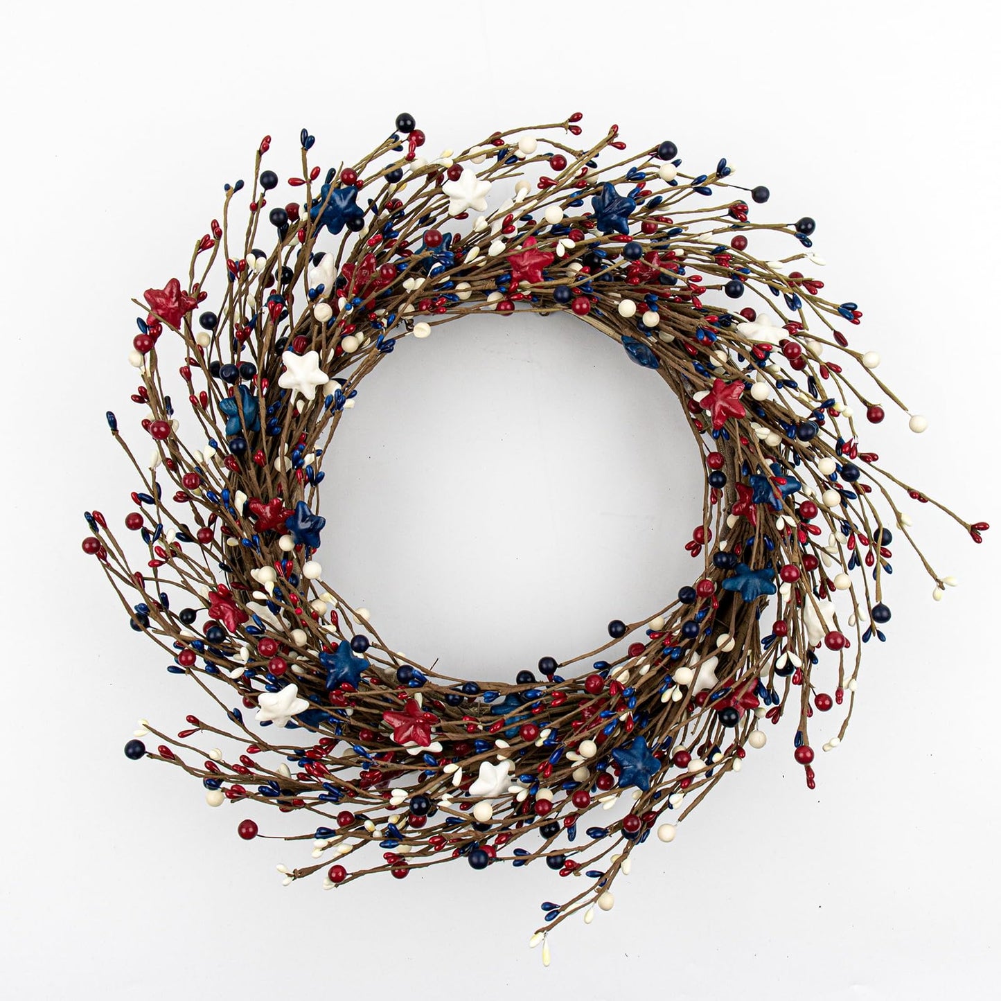 NeoL'artes 20inch Patriotic Wreaths for Front Door, 4th of July Pip Berry Grapevine Wreath White Blue Stars and Berries, Independent Day Porch Door Window Decor