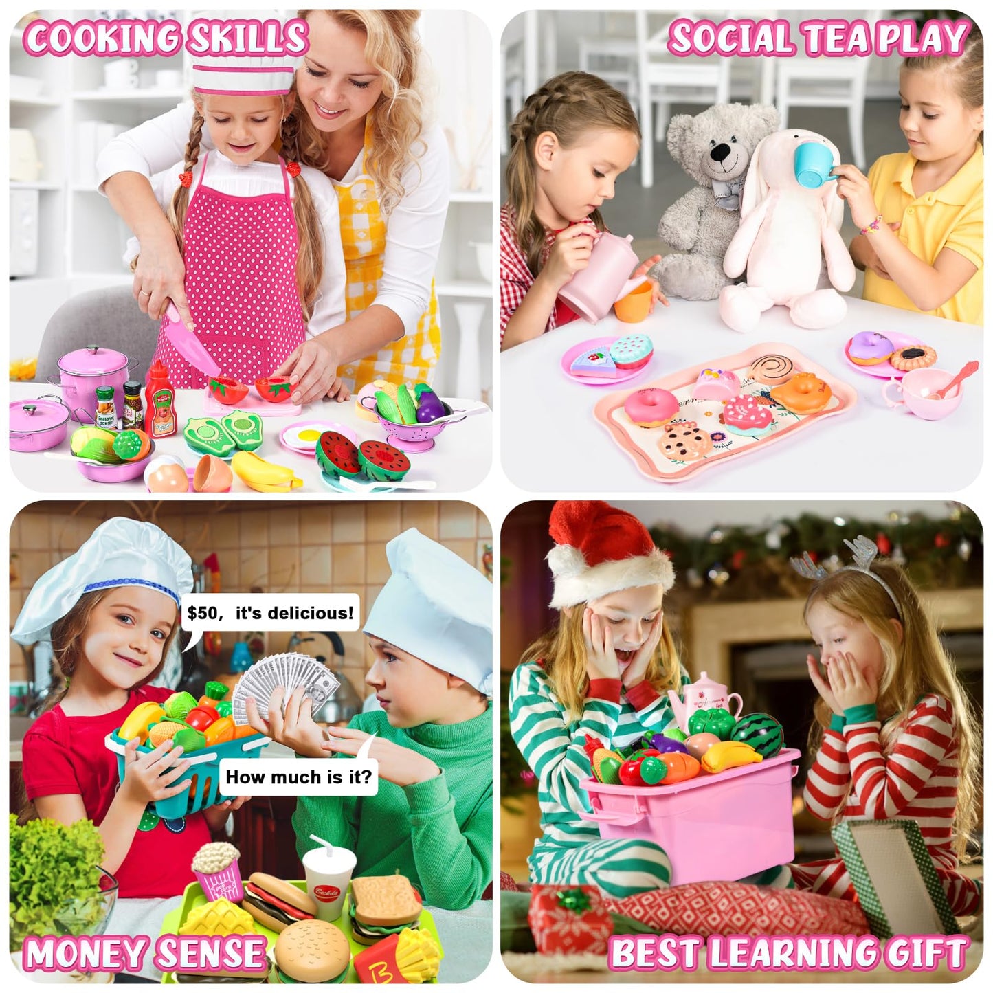 Aojieni 140Pcs Kids Kitchen Accessories, Pretend Play Food Tea Party Set, Toy Kitchen Kids Cooking Real with Apron & Chef Hat, Utensils Cookware Pots & Pans, Toy Organizer, Toddler Toys Gift