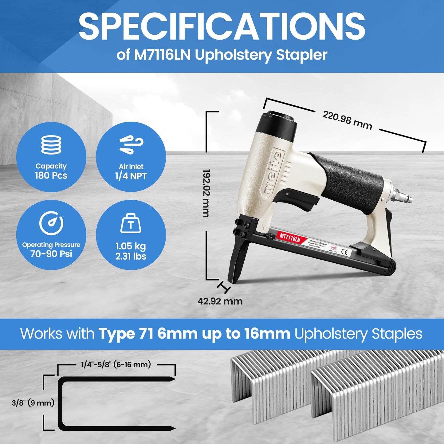 meite MT7116LN Pneumatic Upholstery Stapler 22 Gauge 71 Series 3/8" Crown 1/4" to 5/8" Length Long Nose Stapler