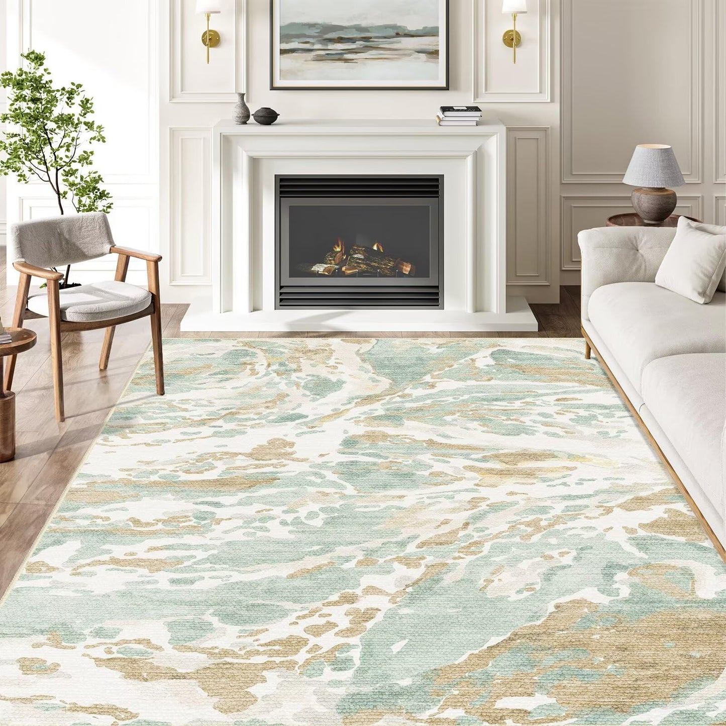 DEXDE 5x7 Area Rug for Living Room Bedroom, Washable Modern Abstract Non Slip Large Soft Rugs Low Pile Floor Carpet for Dining Room Bedroom Kitchen Office Nursery Playroom, Green
