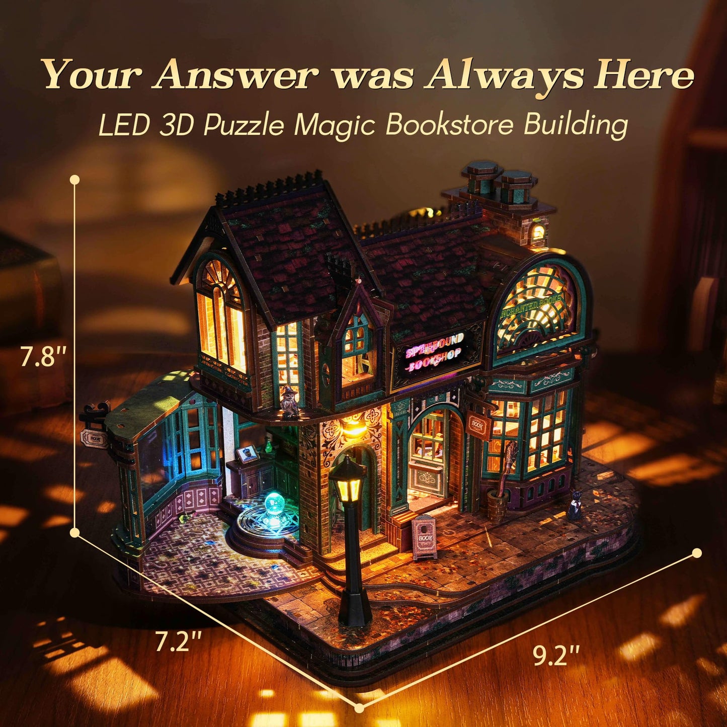FUNPOLA 3D Wooden Puzzle Magic Bookstore with LED Lights - DIY Miniature Kit, Spellbound Bookshop, Home Décor Display, Creative Gift for Adults and Teens