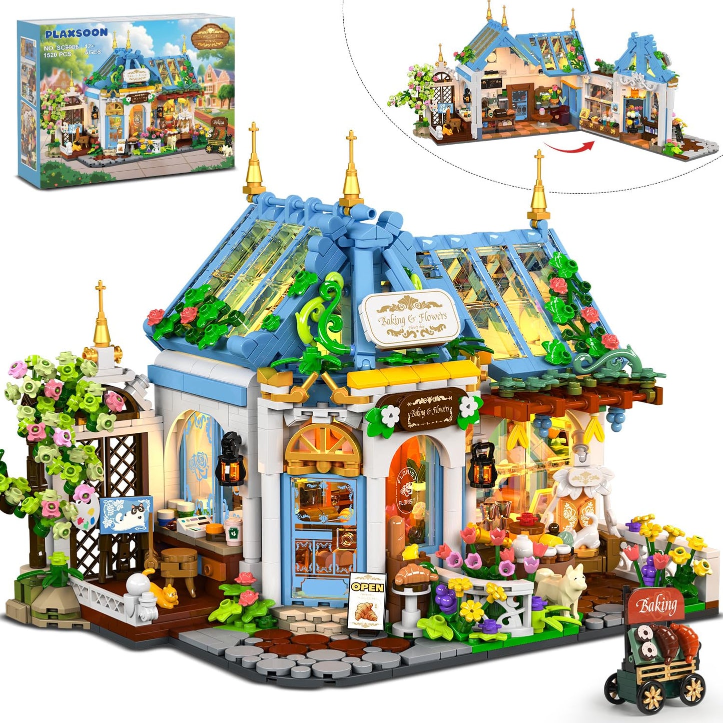 PLAXSOON Flower Café House Building Set with LED, 1520 PCS Botanical Coffee Architecture with Openable Design, Floral Bakery Construction Model for Home Decor, Gift for Adults Women Teens Girl Boy 12+