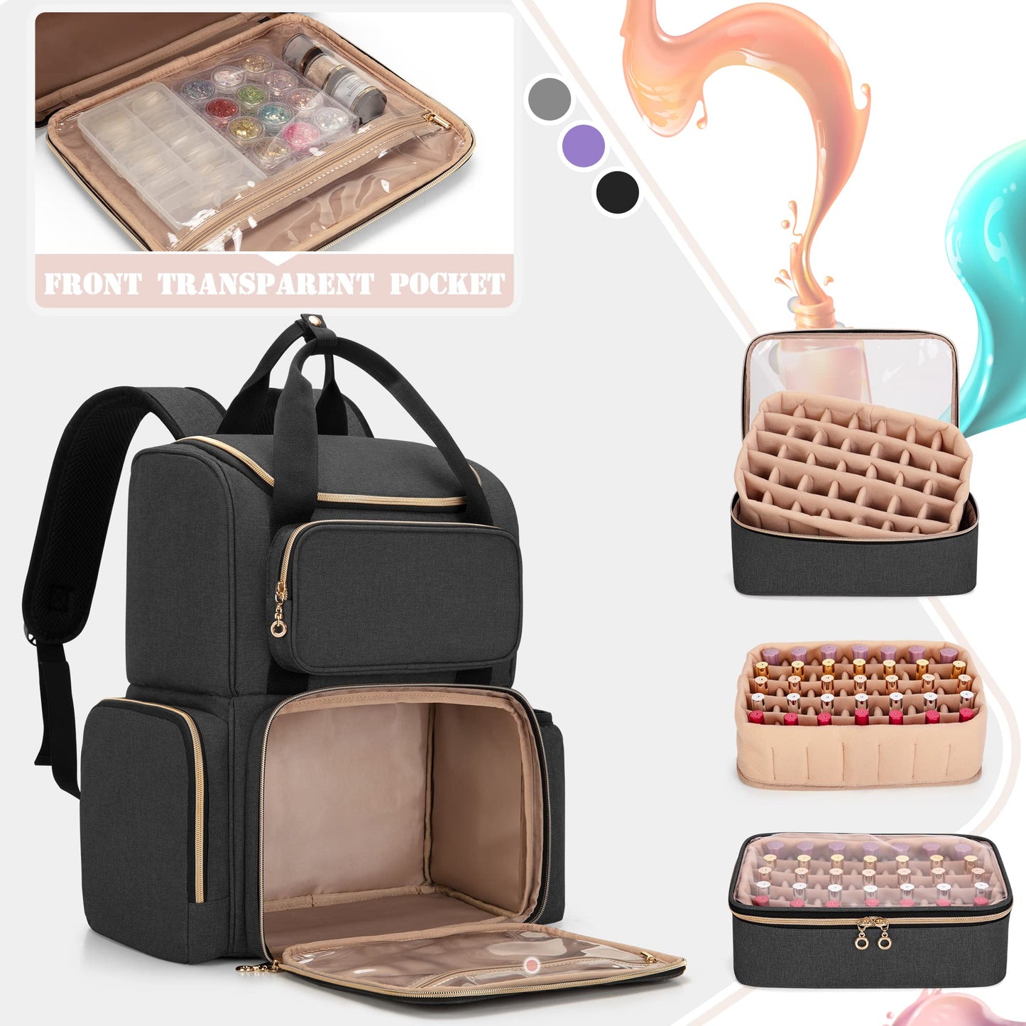LUXJA Nail Polish Organizer (Backpack Version) Holds 70 Bottles and a Nail Lamp, Travel Nail Polish Bag with 2 Removable Cases and Tools Storage Pockets (Patent Pending), Black