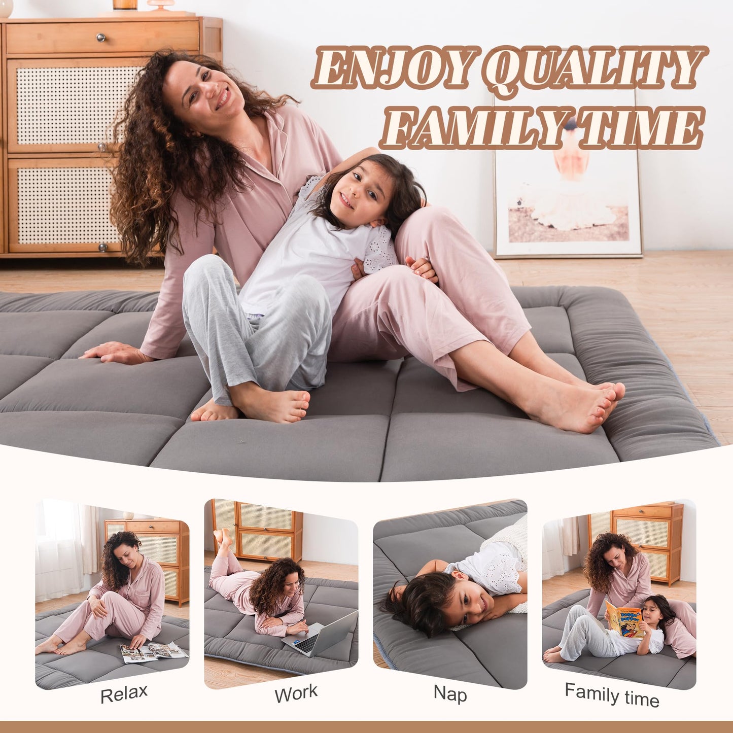 WhatsBedding Japanese Floor Mattress Futon Mattress 3" Grey Tatami Mat Shredded Memory Foam Filled Sleeping Pad, Foldable & Portable Roll Up Lounger Camping Bed,39"x 80" Twin Size