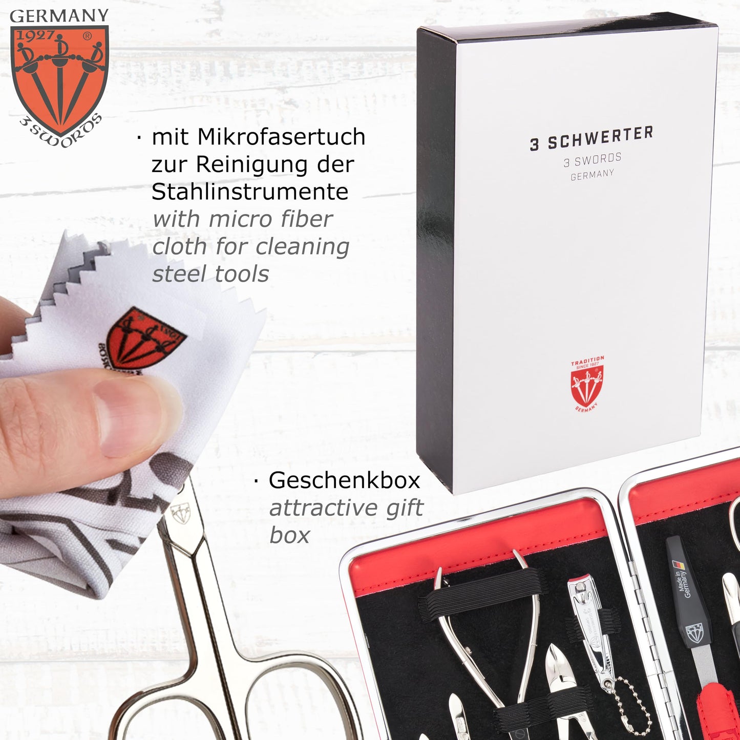 3 Swords Germany - brand quality 11 piece manicure pedicure grooming kit set for professional finger & toe nail care scissors clipper red genuine leather case in gift box, Made in Germany