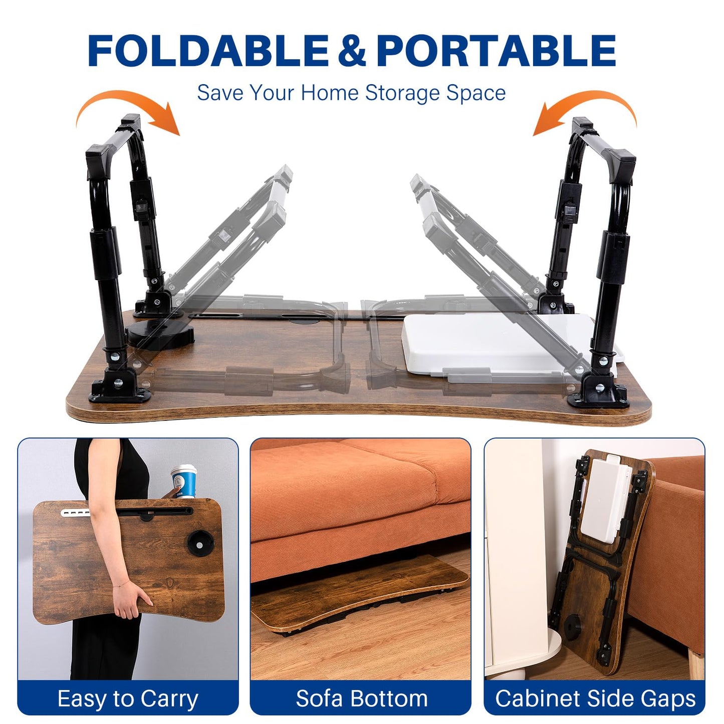 BYMECOST Laptop Desk for Bed, Height Adjustable Laptop Bed Table, Foldable Portable Lap Desk Stand with USB/Storage Drawer/Cup Holder/Slot, Breakfast Tray for Working Reading Writing Eating