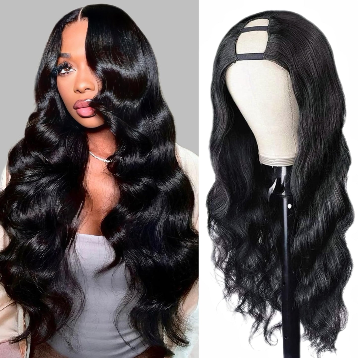 U Part Human Hair Wig Body Wave Glueless Half Wigs for Black Women No Sew In No Leave Out 180% Density Brazilian Virgin U Part Body Wave Wig Human Hair Natural Black Color (18inch)