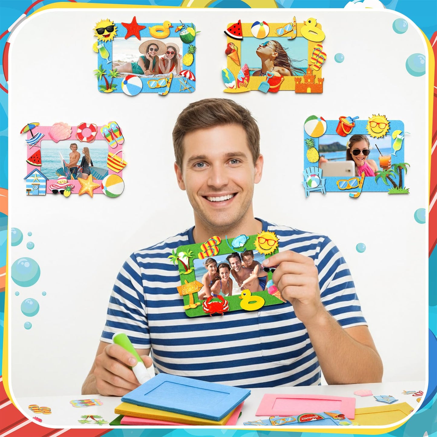 Marsui 232 Pieces Summer Ocean DIY Picture Frame Craft Kit for Kids 32 Pieces Under The Sea Felt Photo Frames and 200 Pieces Foam Stickers for Holiday Game Activities Classroom Decoration (Beach)