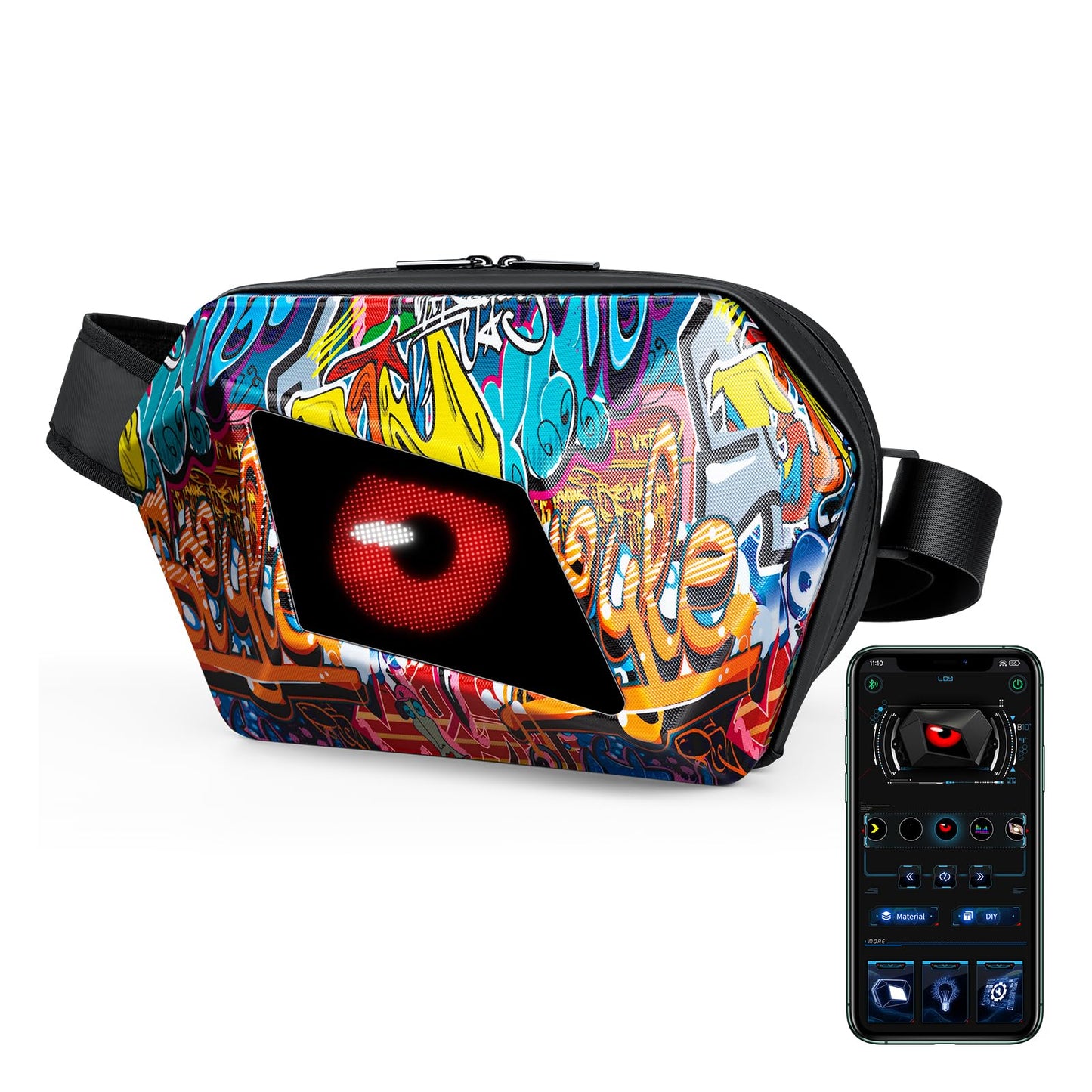 Gelrova Loy Devil Eye LED Fanny Bag, LED Display Screen DIY, Outdoor Fashion Travel Sling Bag, Graffiti
