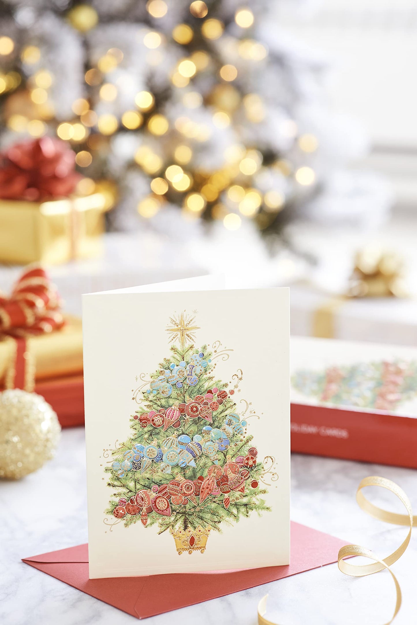 Papyrus Boxed Christmas Cards with Envelopes, Peace and Happiness, Christmas Tree (12-Count)