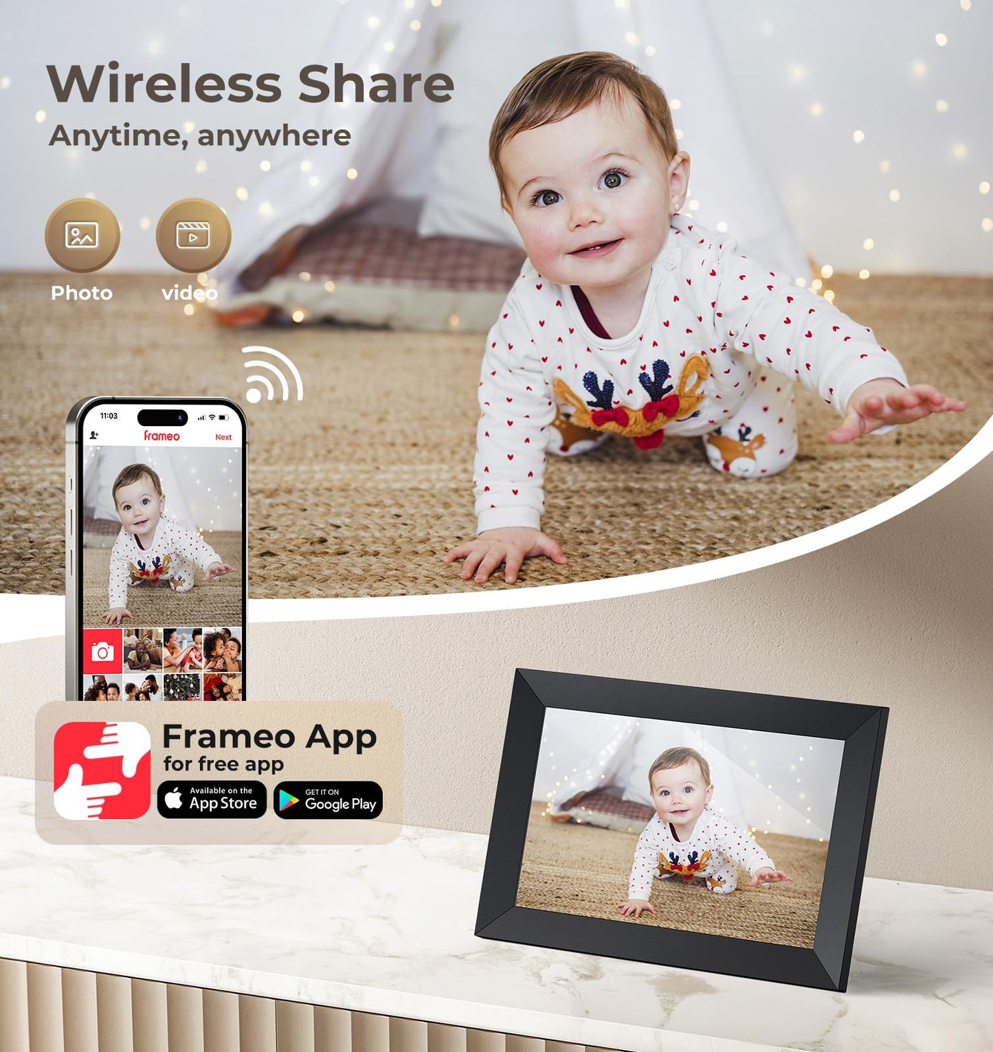 FRAMEO 10inch Digital Picture Frame WiFi Smart Photo Frame Electronic Digital Picture Frames Load from Phone1280x800 HD IPS Touch Screen,Automatic/Slideshow/Share Videos Photo-Black