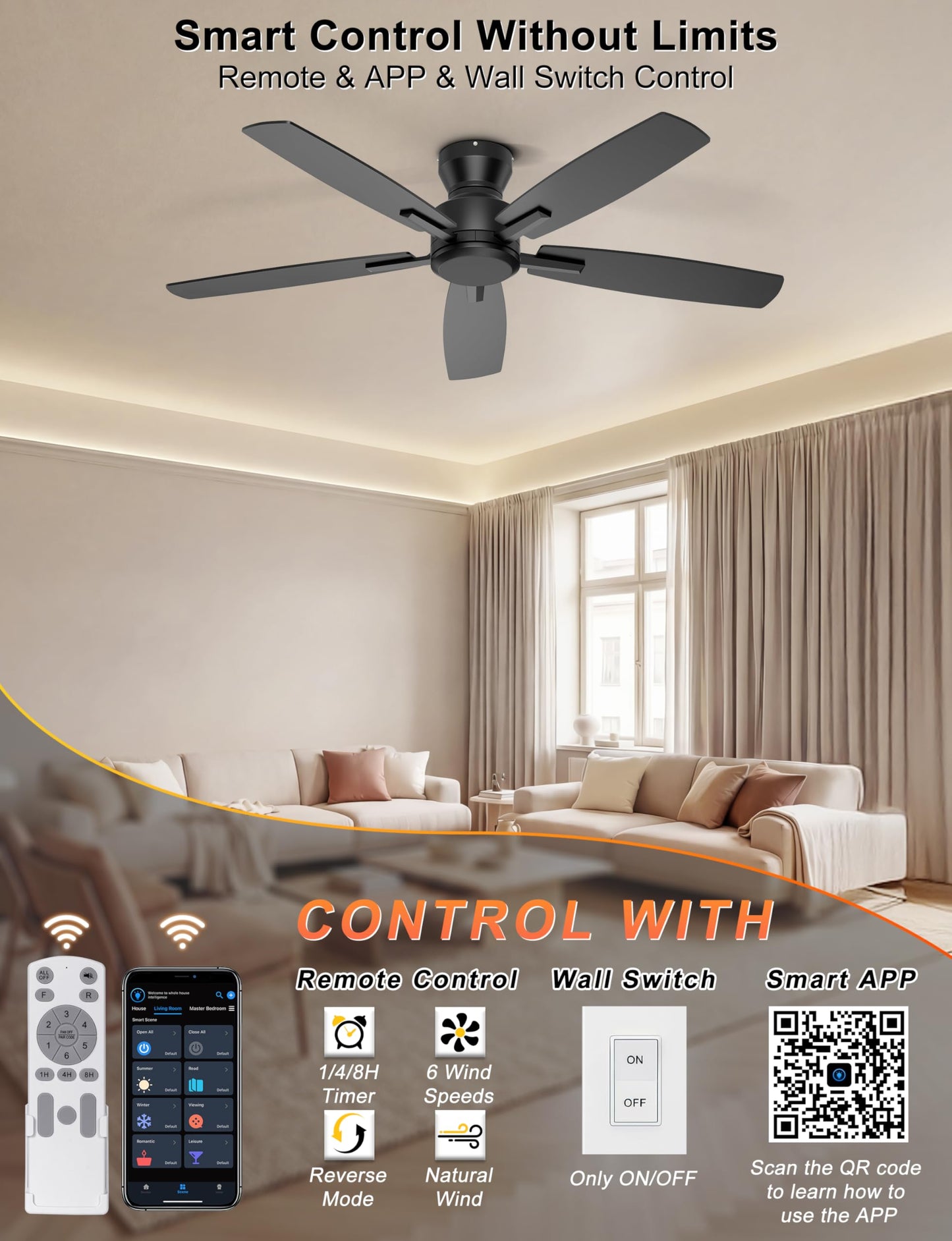 Ohniyou 52 Inch Ceiling Fan No Light, Low Profile Ceiling Fan with Remote and App Control, Flush Mount Ceiling Fan without Light for Bedroom Living Room Covered Patios, Quiet DC Motor, Black
