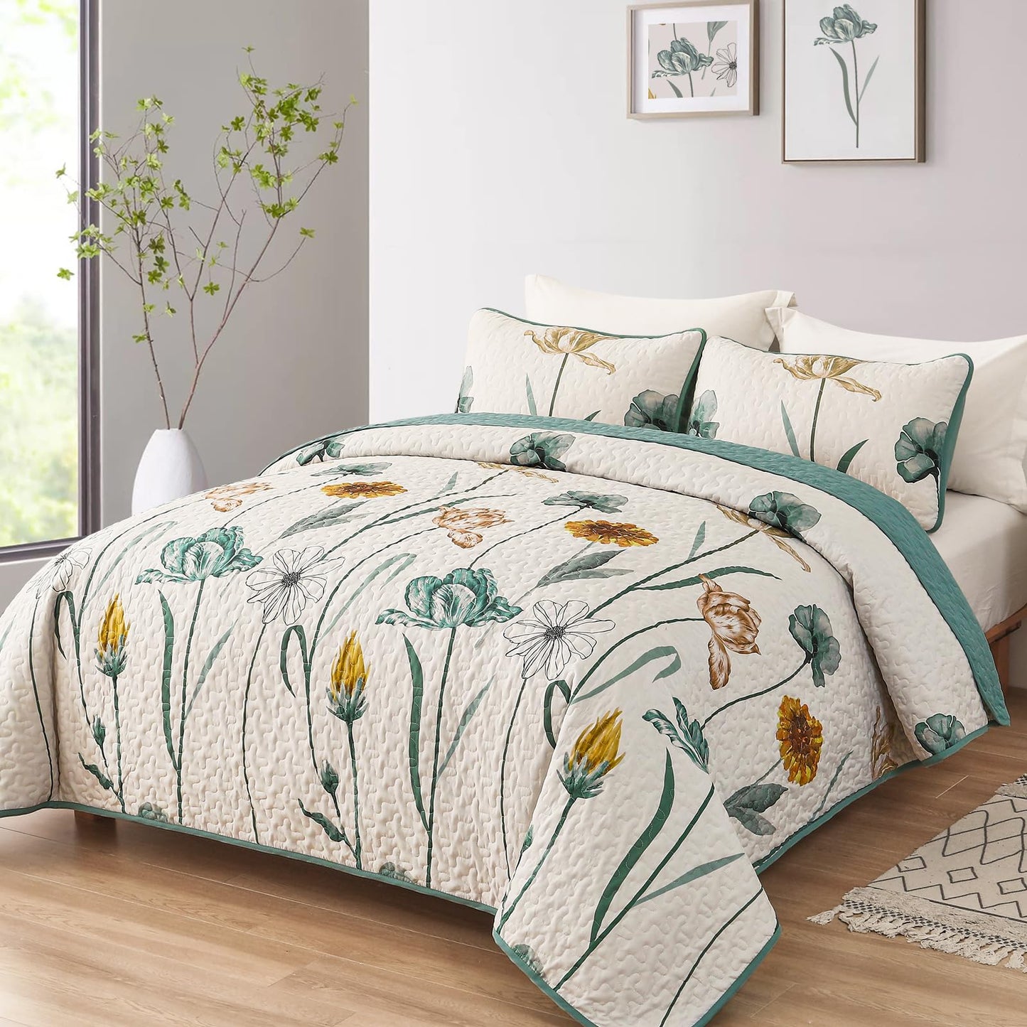 WONGS BEDDING Floral Quilt Set Queen,Green Yellow Floral Botanical Bedspread Bedding Set with 2 Pillowcase,Spring Summer Lightweight Farmhouse Coverlet Set for All Season (96"x90")