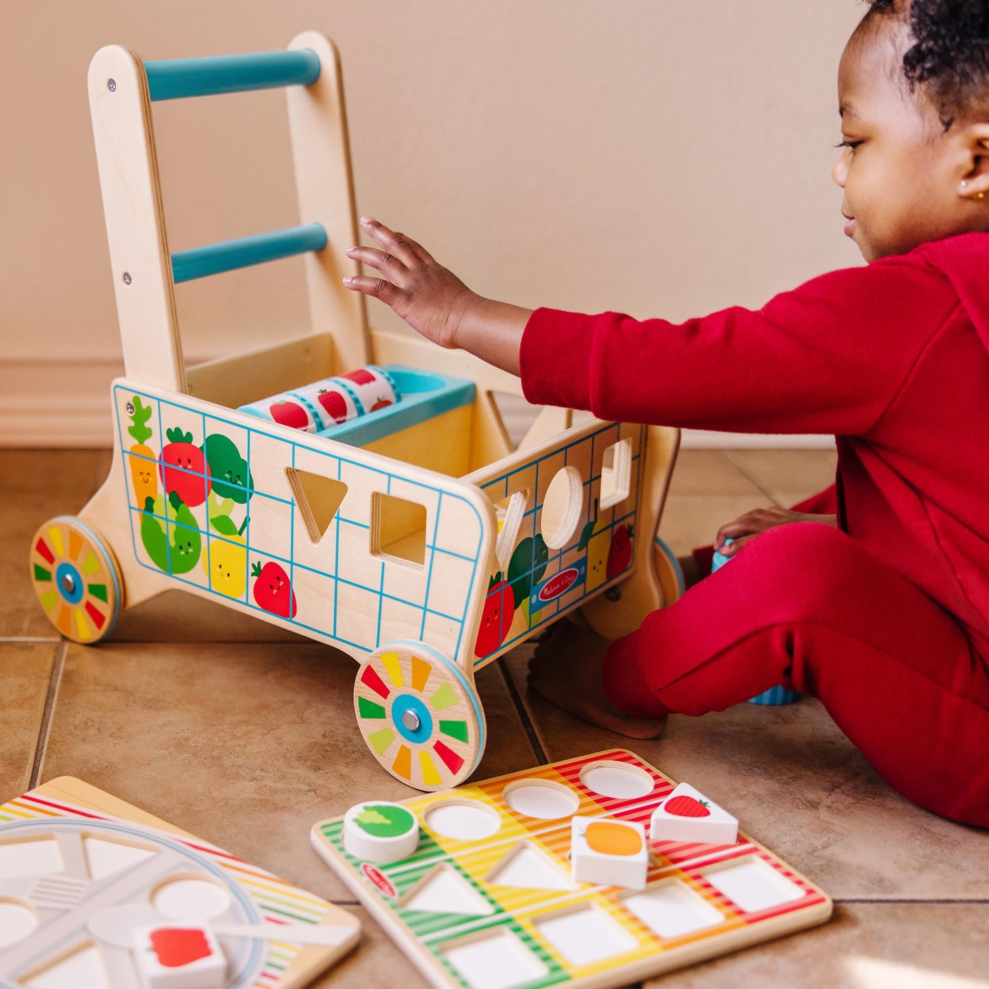 Melissa & Doug Wooden Shape Sorting Grocery Cart Push Toy and PuzzlesPretend Play Grocery Toys, Sorting and Stacking Toys for Infants and Toddlers Ages 1+