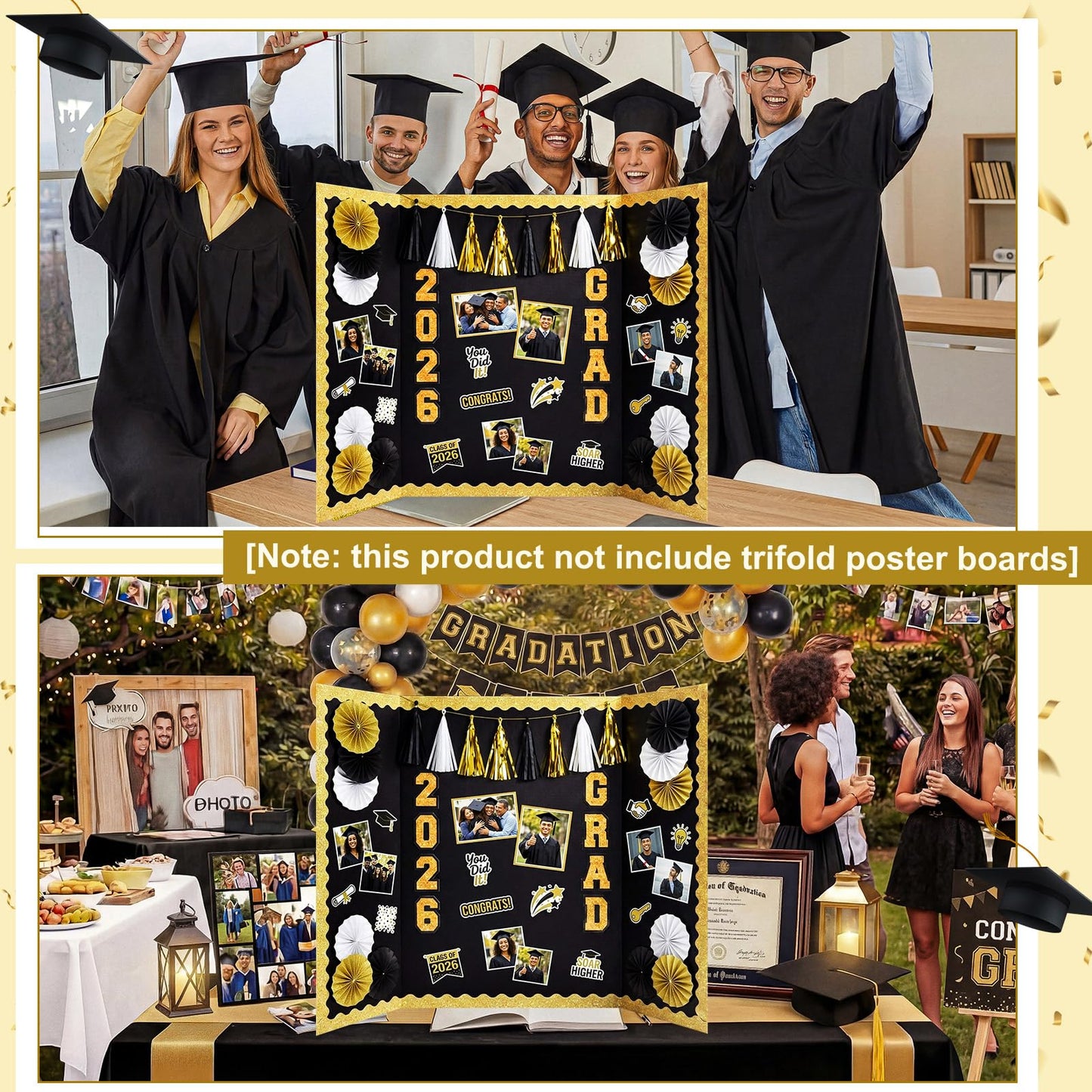 FunooFuno 31 Pcs Graduation Photo Display Board Decoration 40"x28" Trifold Poster Board Graduation Themed Stickers Grad Fan Tassel Garland for 2026 Grad Party College Picture Frame(Black Gold Silver)