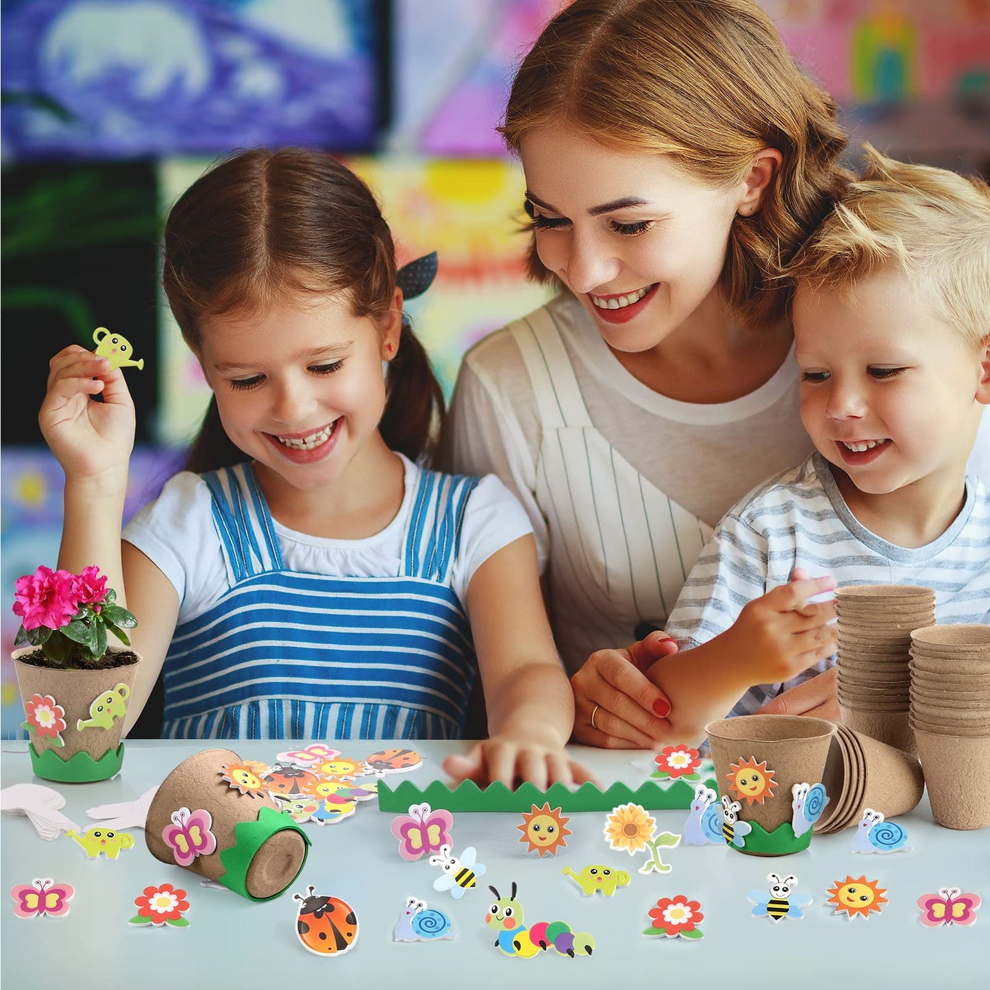 Ayfjovs Garden Paper Pot Craft Kit, 55 Pack Flower Plant Spring Craft for Kids with 200 PCS Adhesive Foam Stickers and 55 PCS Plastic Plant Labels for Kids Craft, Classroom Decor, Mother's Day