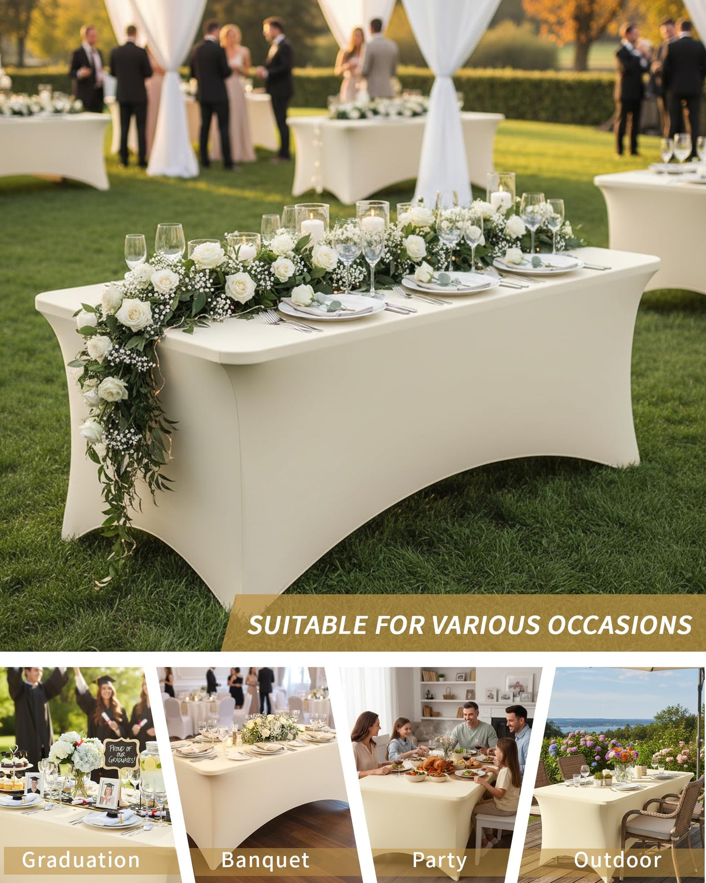 Fixwal 6 Pack 6Ft Ivory Table Cover, Spandex Fitted Tablecloths Rectangle, Wrinkle-Free and Stretch Folding Table Cloth for Banquet, Wedding, Party, Trade Show