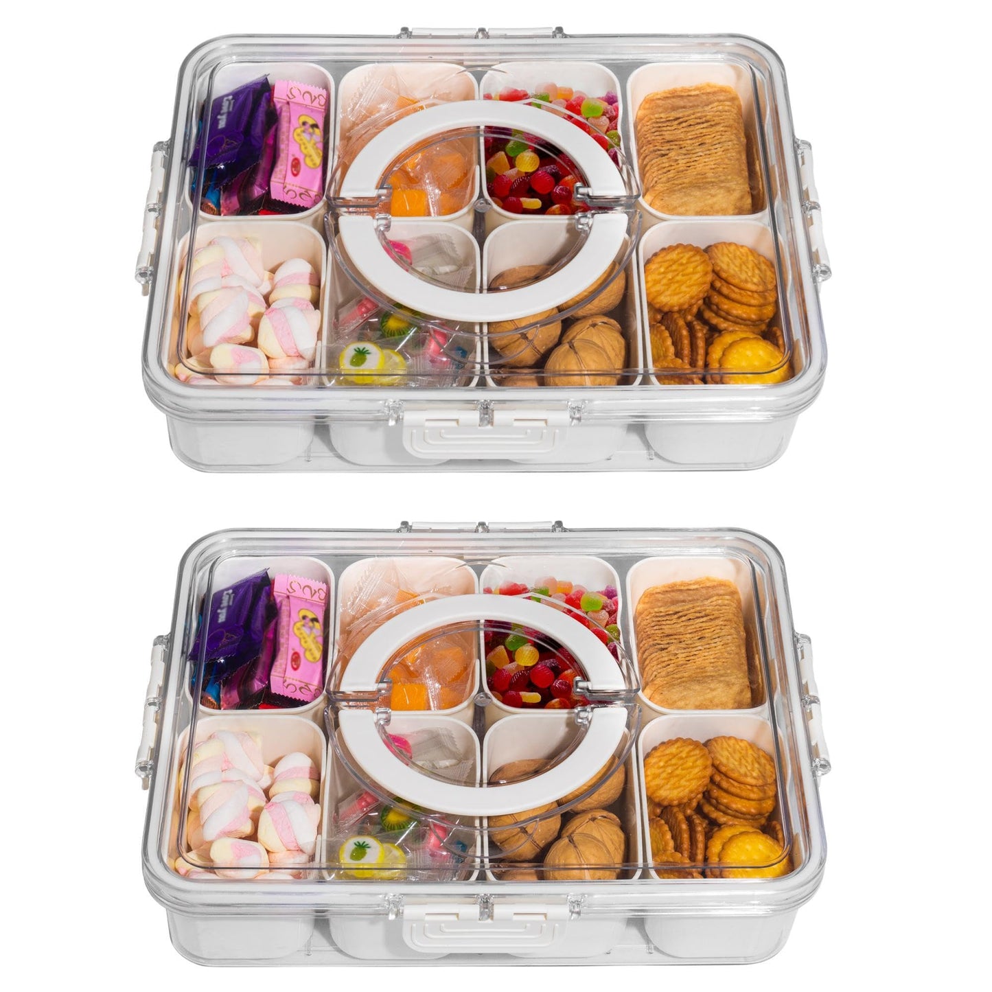 WACOI Divided Snack Serving Tray with Lid and Handle Travel Snackle Charcuterie Container Portable Storage Organizer for Candy, Fruits, Nuts, Snacks, Party, Picnic 2 Packs White