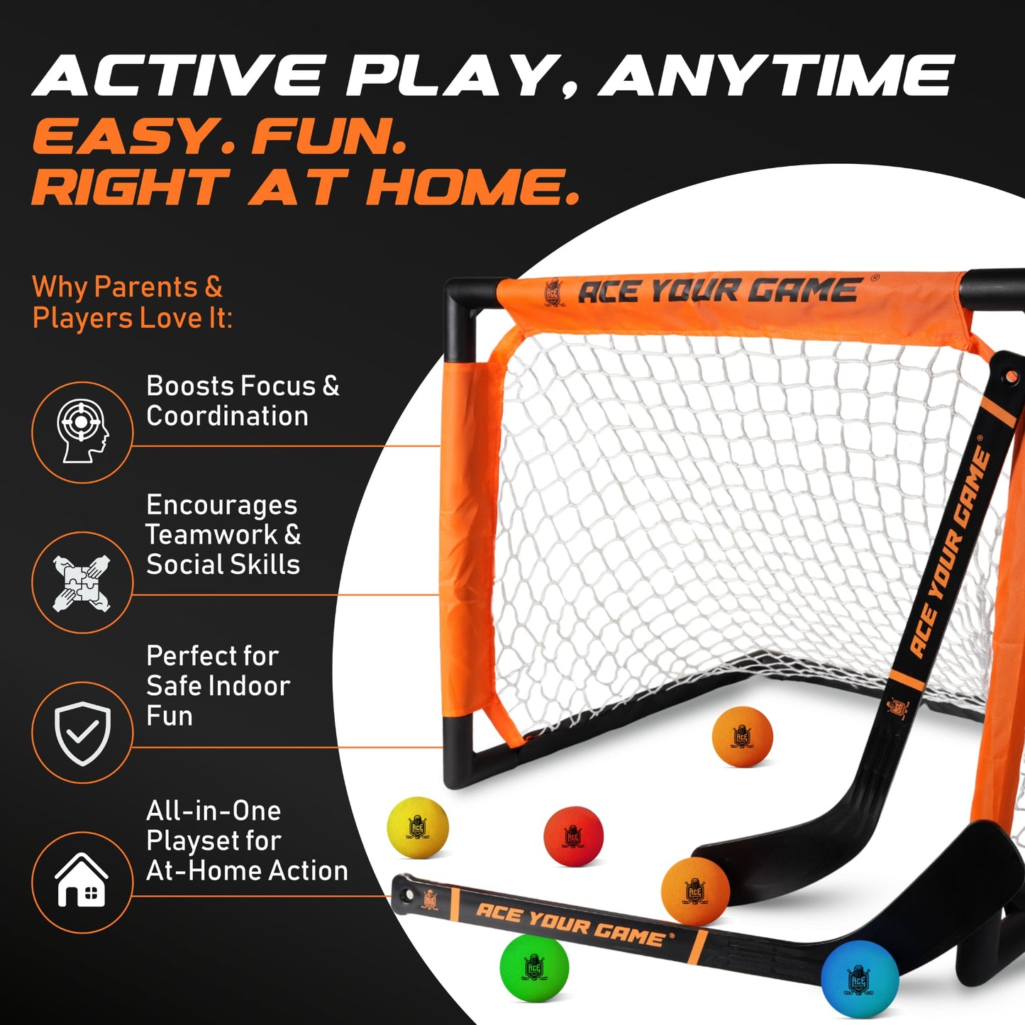 ACE HOCKEY - Mini Knee Hockey Set - Complete 4-Player Indoor/Outdoor Kit - 2 Goals, 4 Sticks, 6 Foam Balls