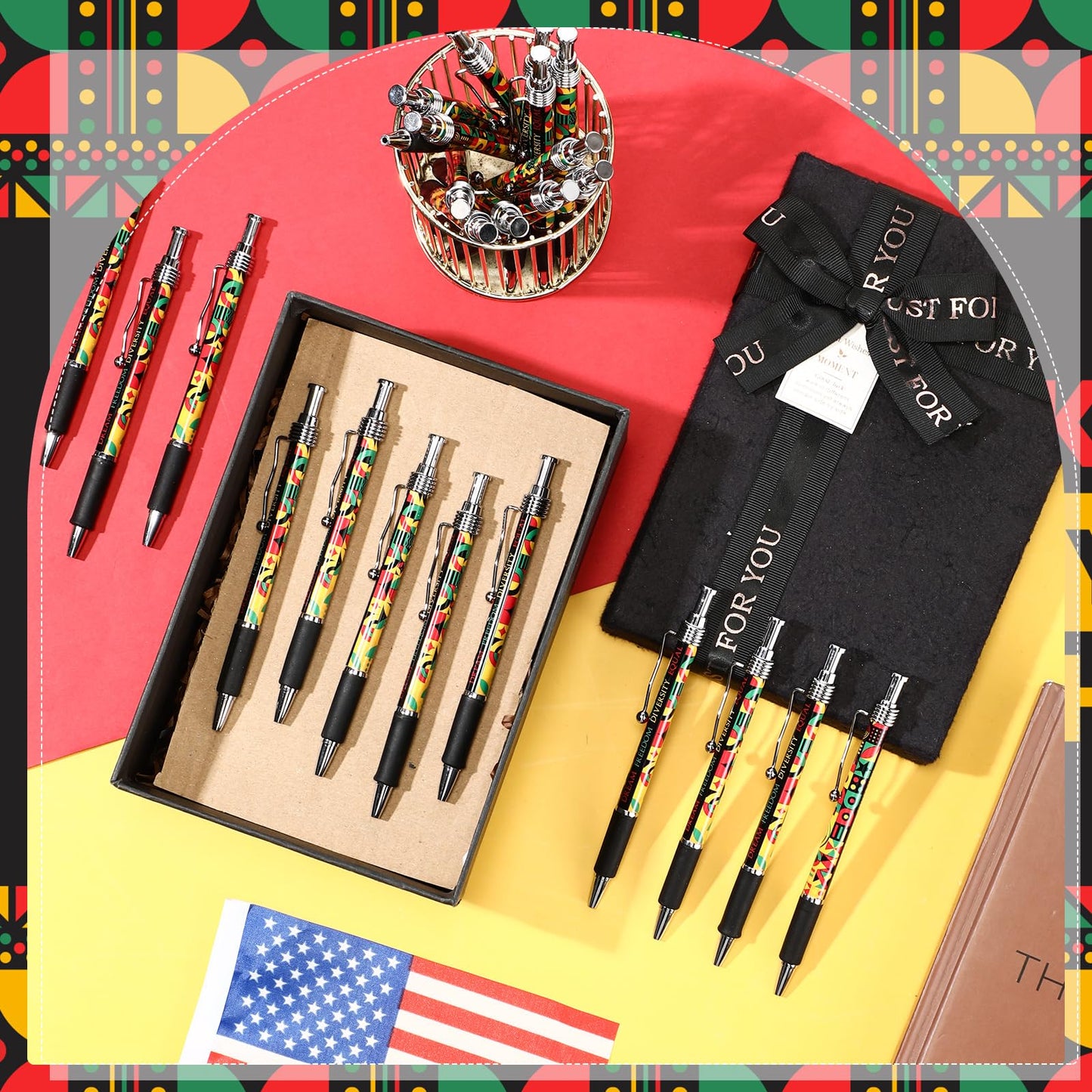 Sayglossy 200 Pcs Juneteenth Gift Bulk Happy Juneteenth Day Ballpoint Pens Freedom Day Independence Theme Ballpoint Pens for Party Supplies Favors Festival Decoration (Geometric Pattern)